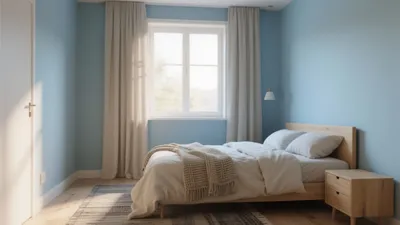 Serene Blue Bedroom with Natural Light & Wooden Accents