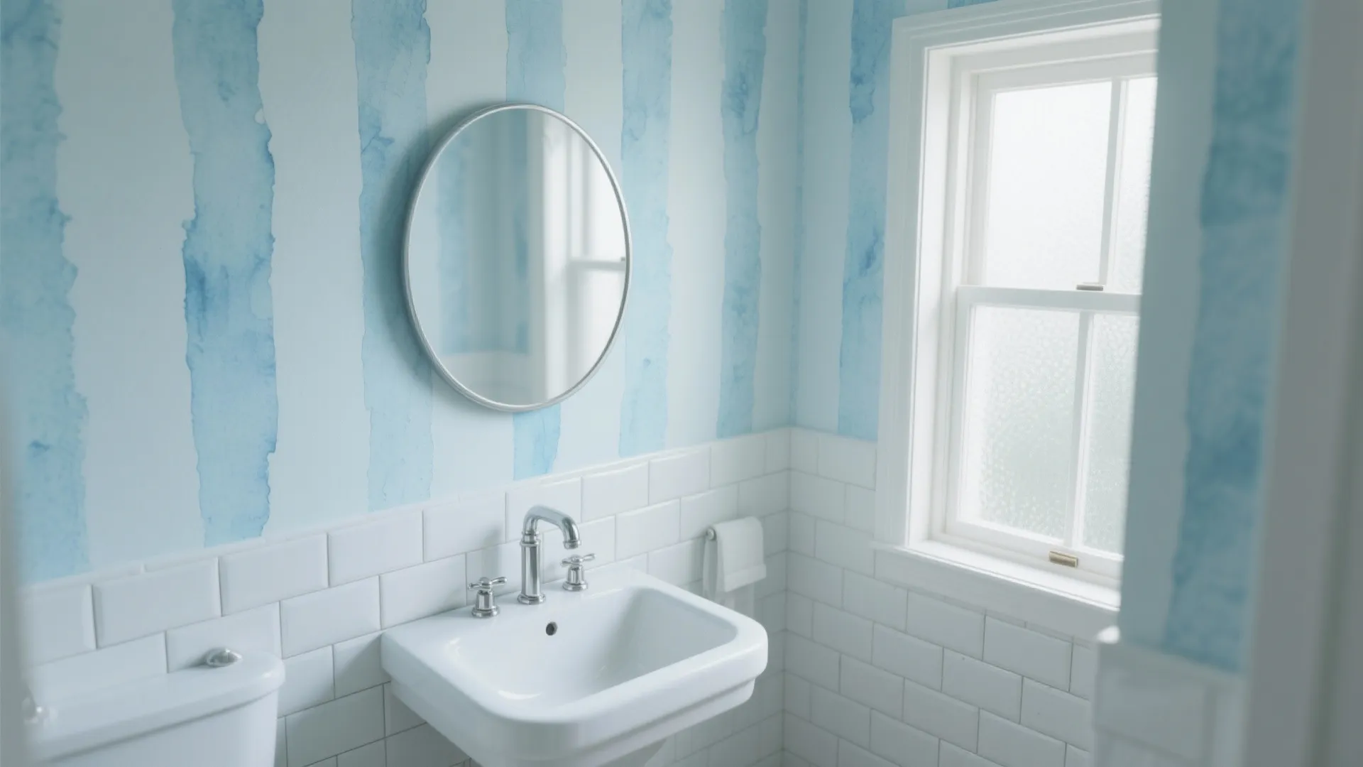 Bathroom featuring blue striped wall paint white wall panel round mirror white sink and window