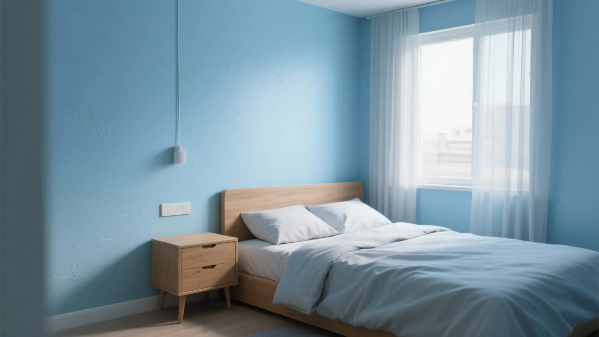 Compact bedroom with soft sky-blue walls, wood nightstand and light linens creating an airy feel.