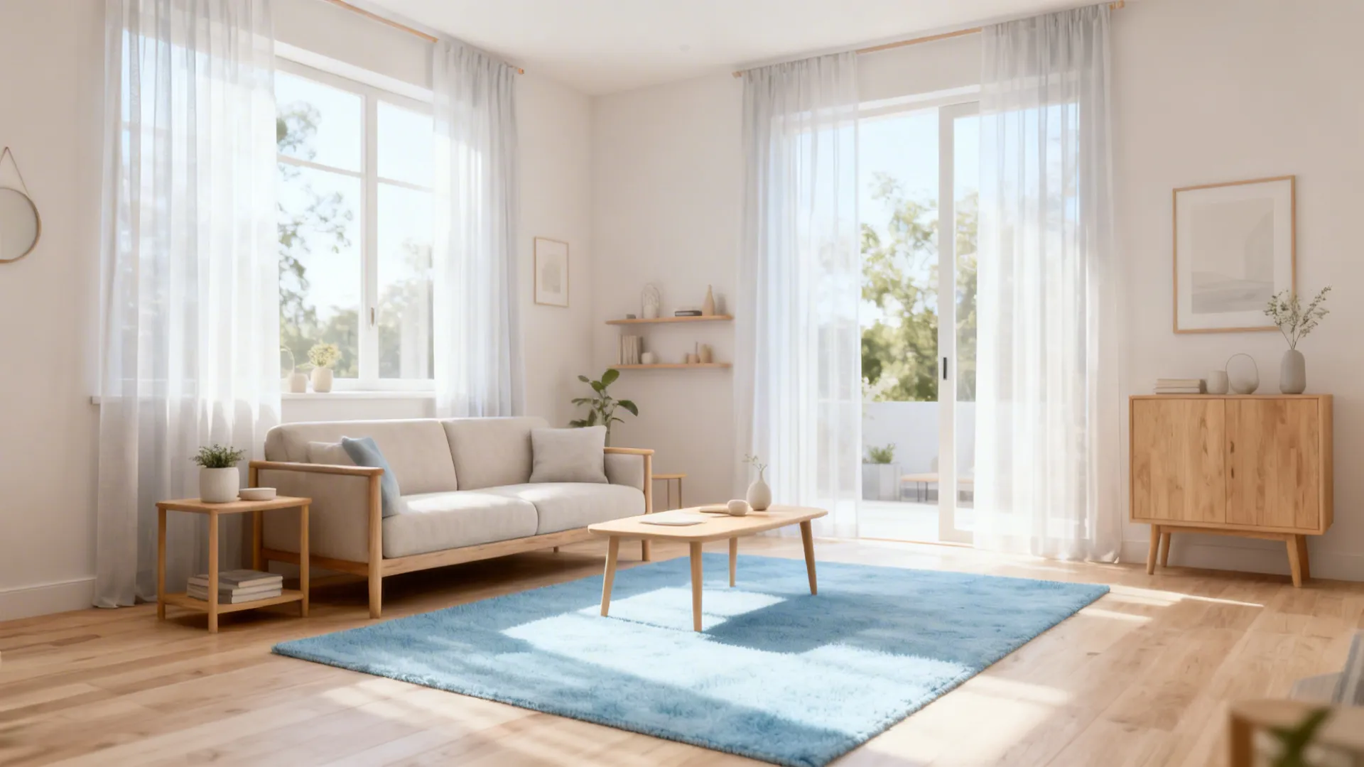 Airy small living room with a soft sky-blue rug, light wood furniture, and pale walls