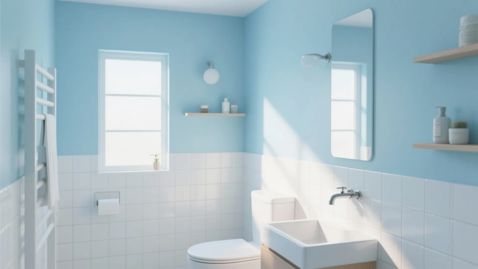 Bathroom with soft sky blue walls and white tiles