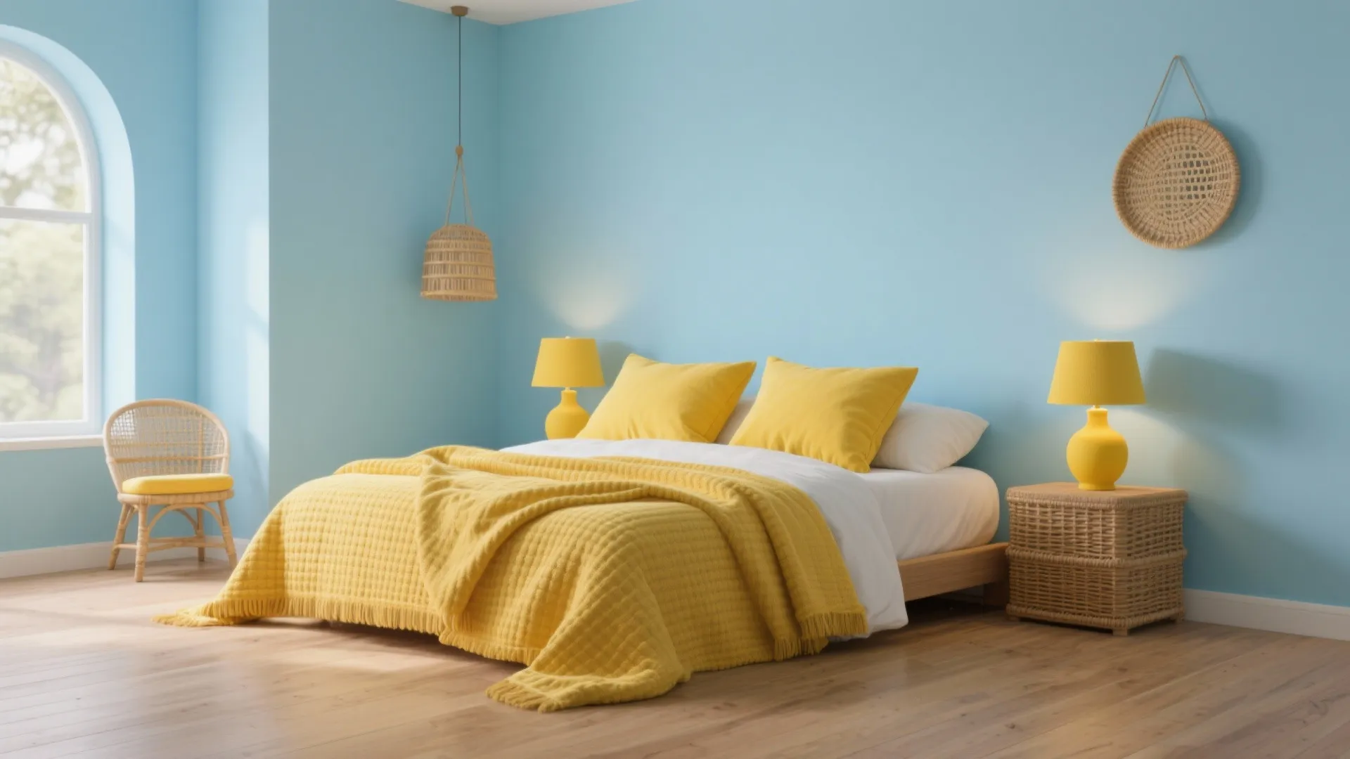 1. Soft sky blue walls with buttery yellow accents