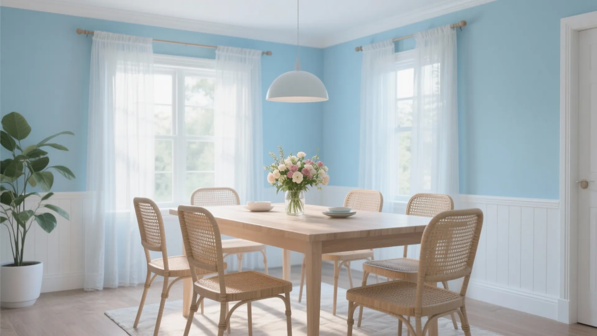 Dining room with light blue walls wooden table woven chairs white curtains and wall panels