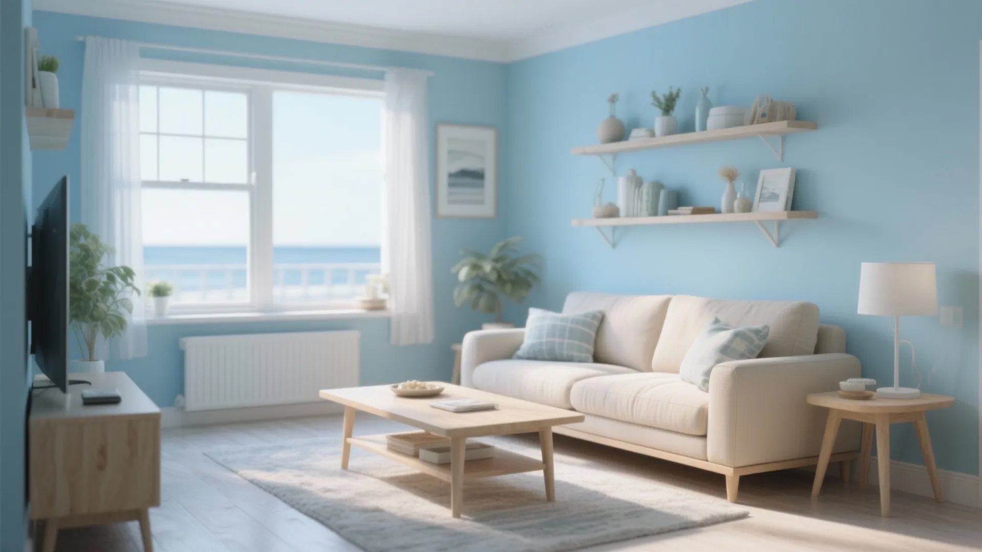Soft sky blue painted living room with beige and wood elements
