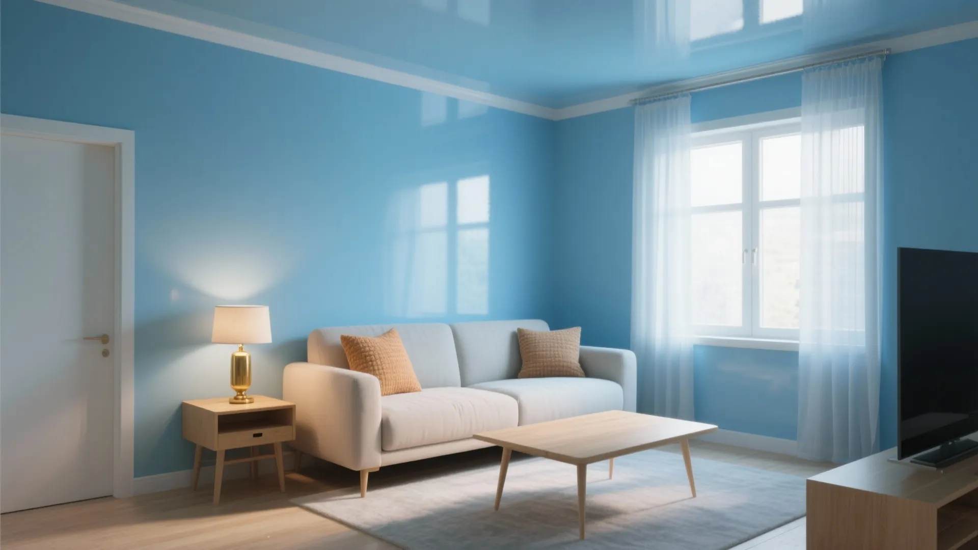 Modern blue living room with white sofa wooden coffee table gold lamp and natural light