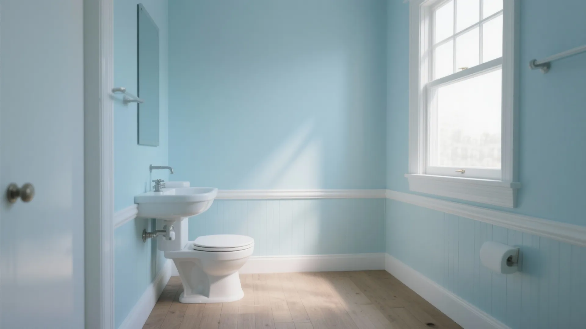 Light blue bathroom with white toilet sink wall panel window wood floor and natural sunlight