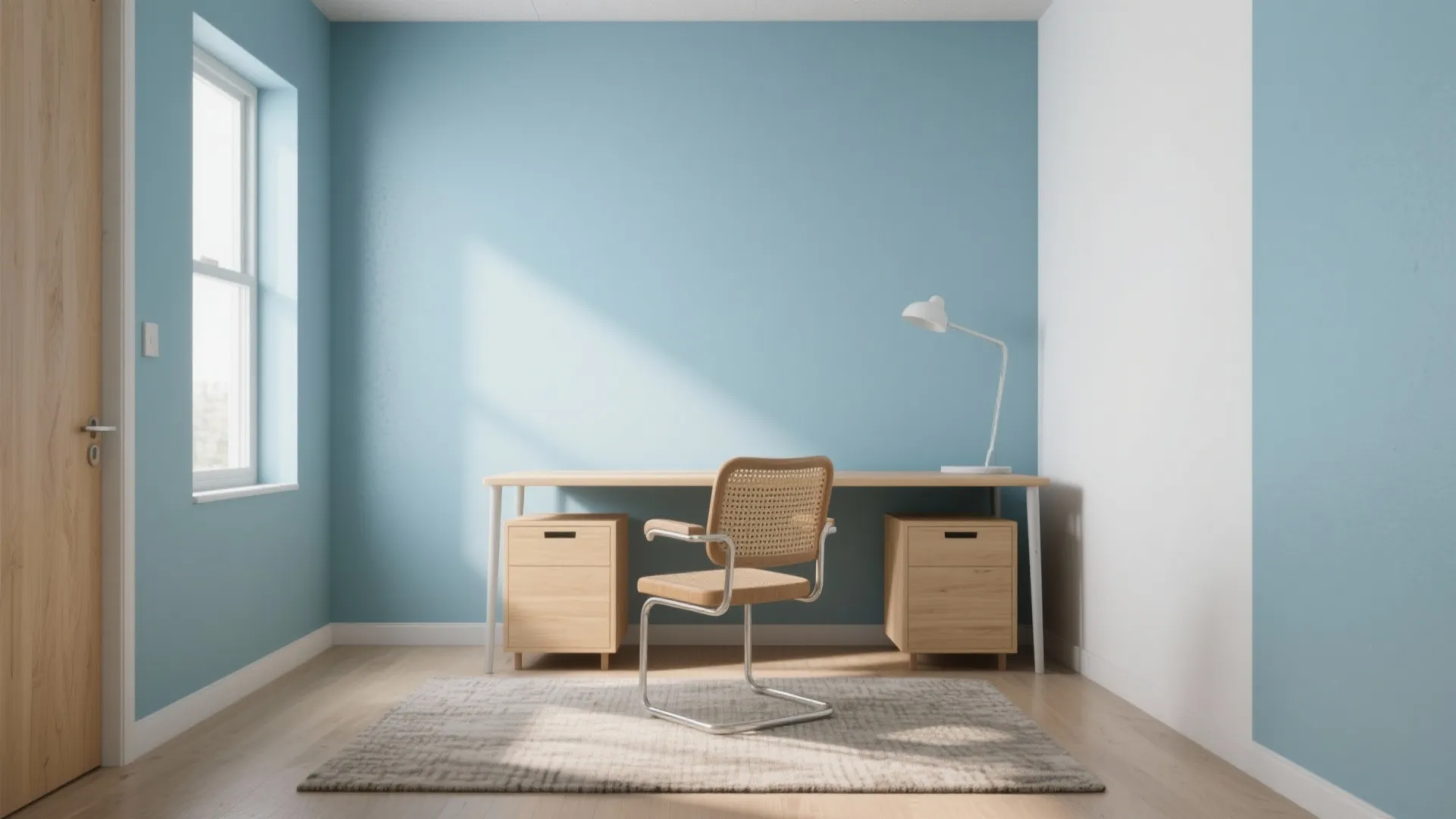 Modern home office with light blue walls wooden desk rattan chair white lamp and grey rug