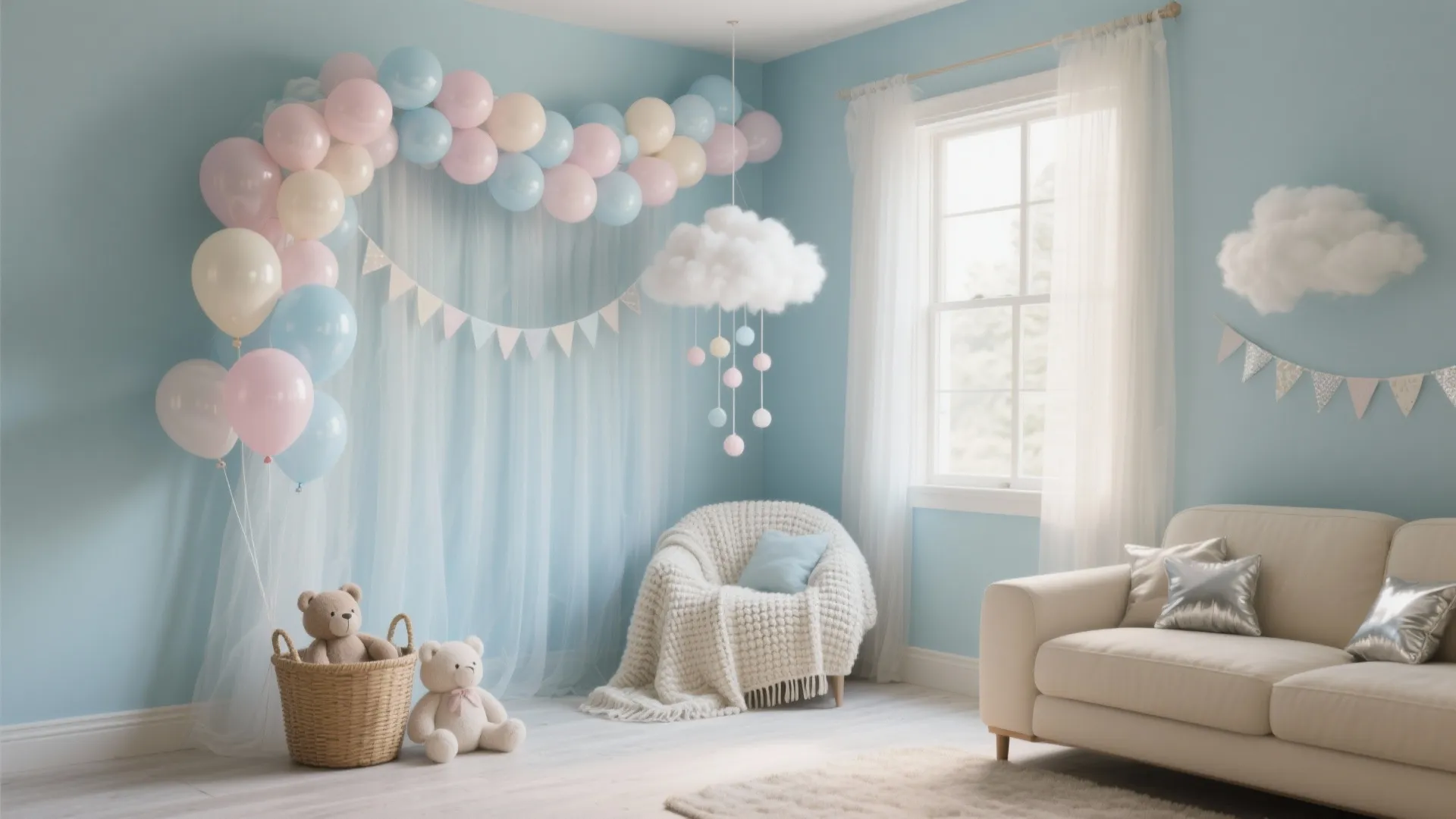 1) Soft Sky Theme: Clouds, Balloons, and a Cozy Photo Nook