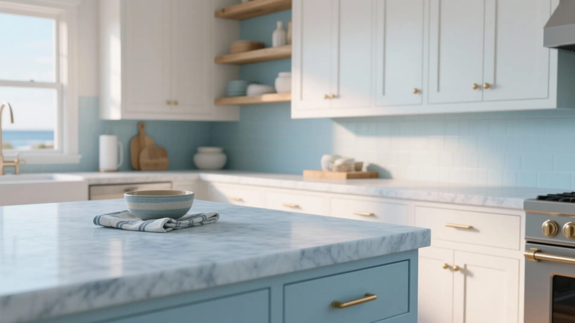 Matte white shaker cabinets with soft sky-blue quartz countertop and brass hardware in a coastal-modern kitchen.