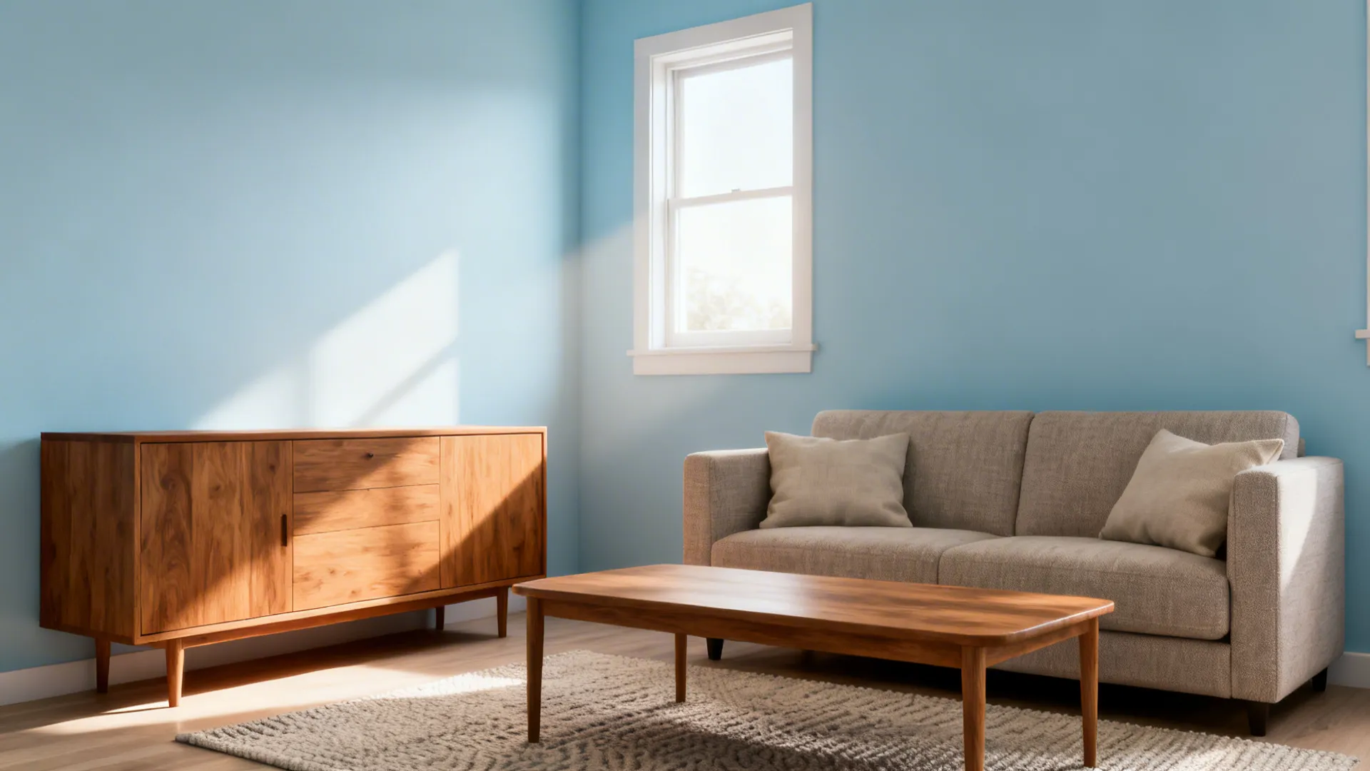 1. Soft Sky Blue with Warm Wood Accents