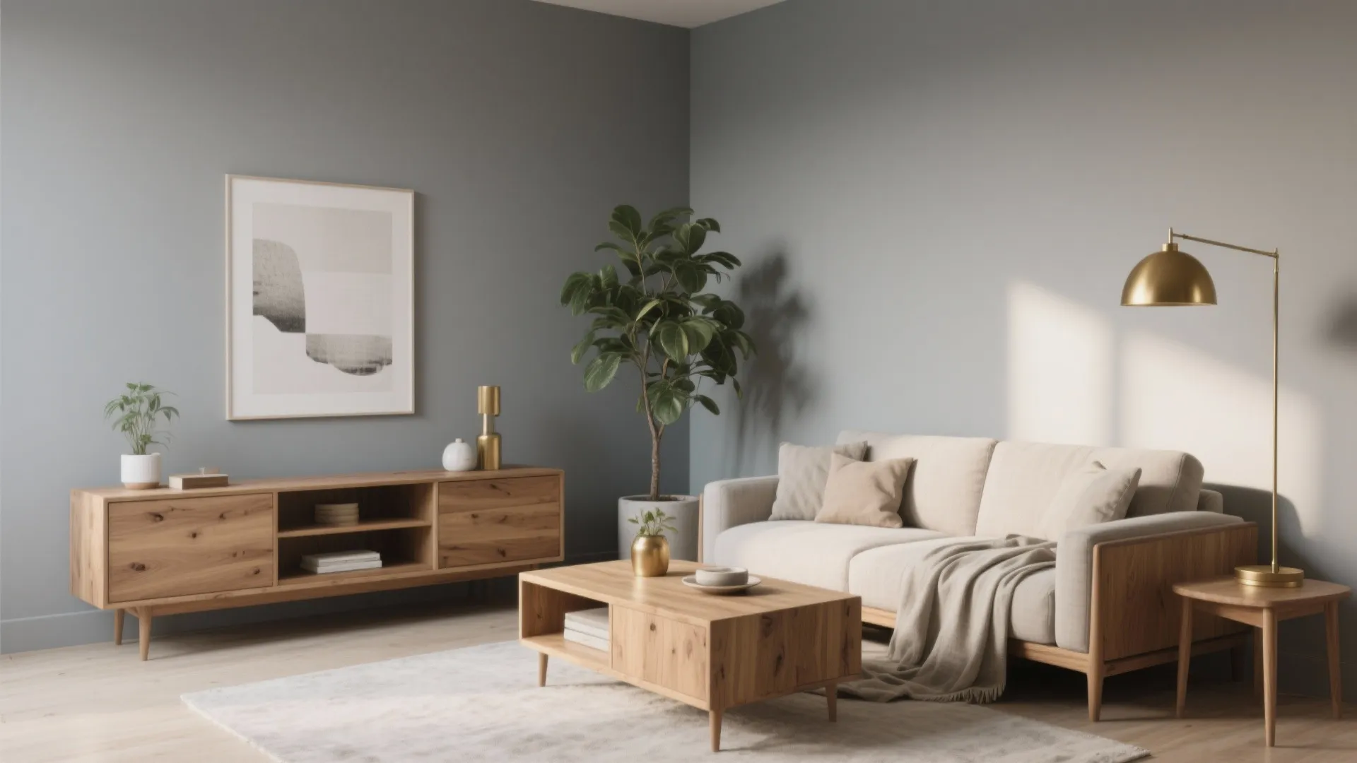 4. Soft Smoke Grey with Warm Wood