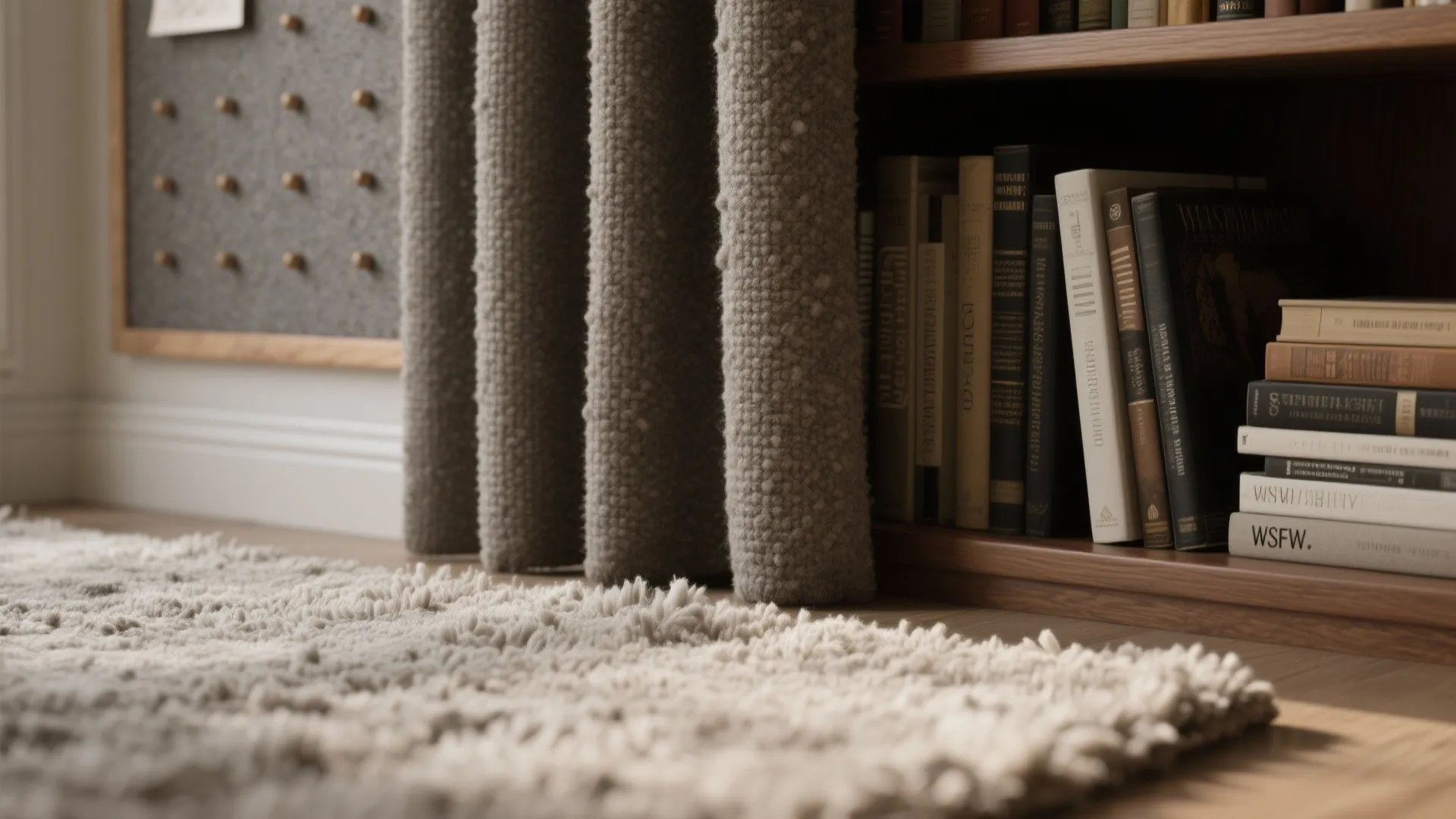 Close up of soft grey curtain next to wooden bookshelf with books and thick rug