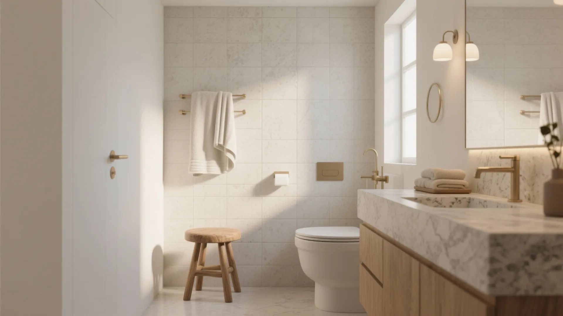 Small spa-inspired bathroom in warm whites and soft greige with wooden stool and linen towels.