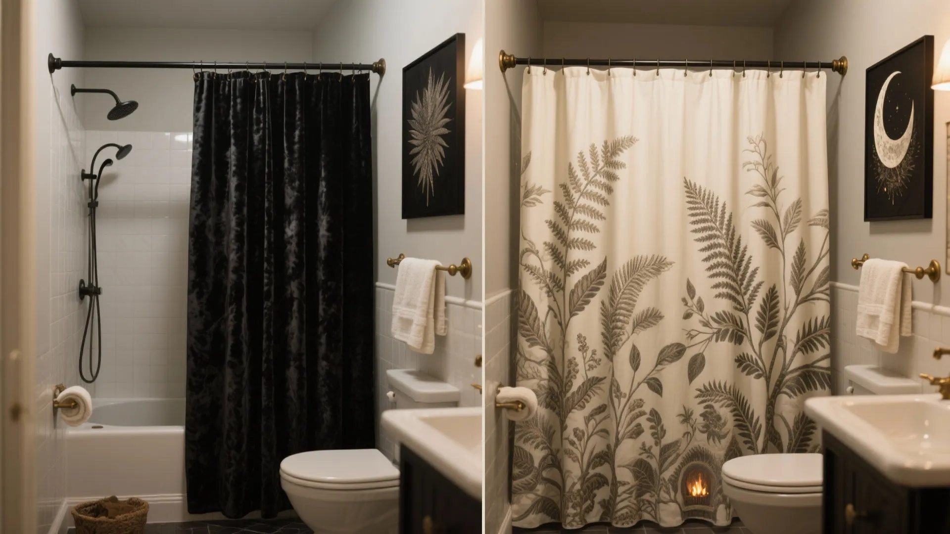 Before-and-after of a witchy bathroom: summer botanical curtain versus winter velvet curtain with a cohesive palette and motif.