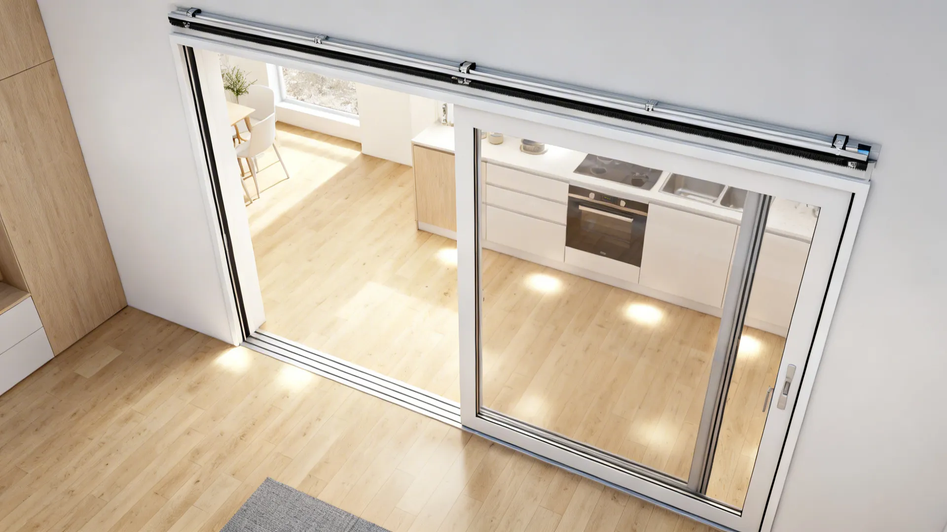 Top view of white sliding door track system leading into a bright modern kitchen space
