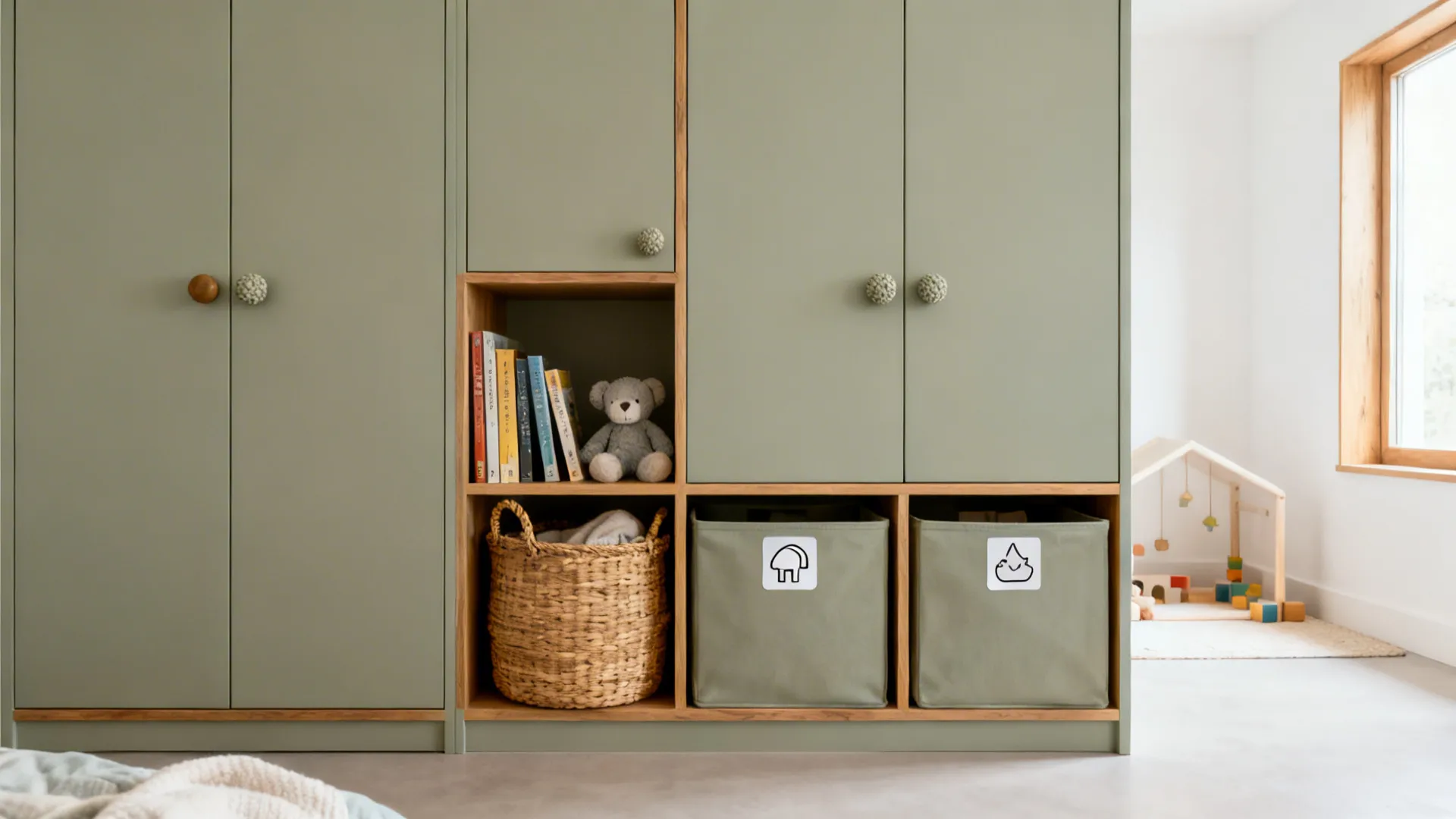 Floor-to-ceiling blush storage wall with mixed closed cabinets and neat open cubbies in a small toddler room.