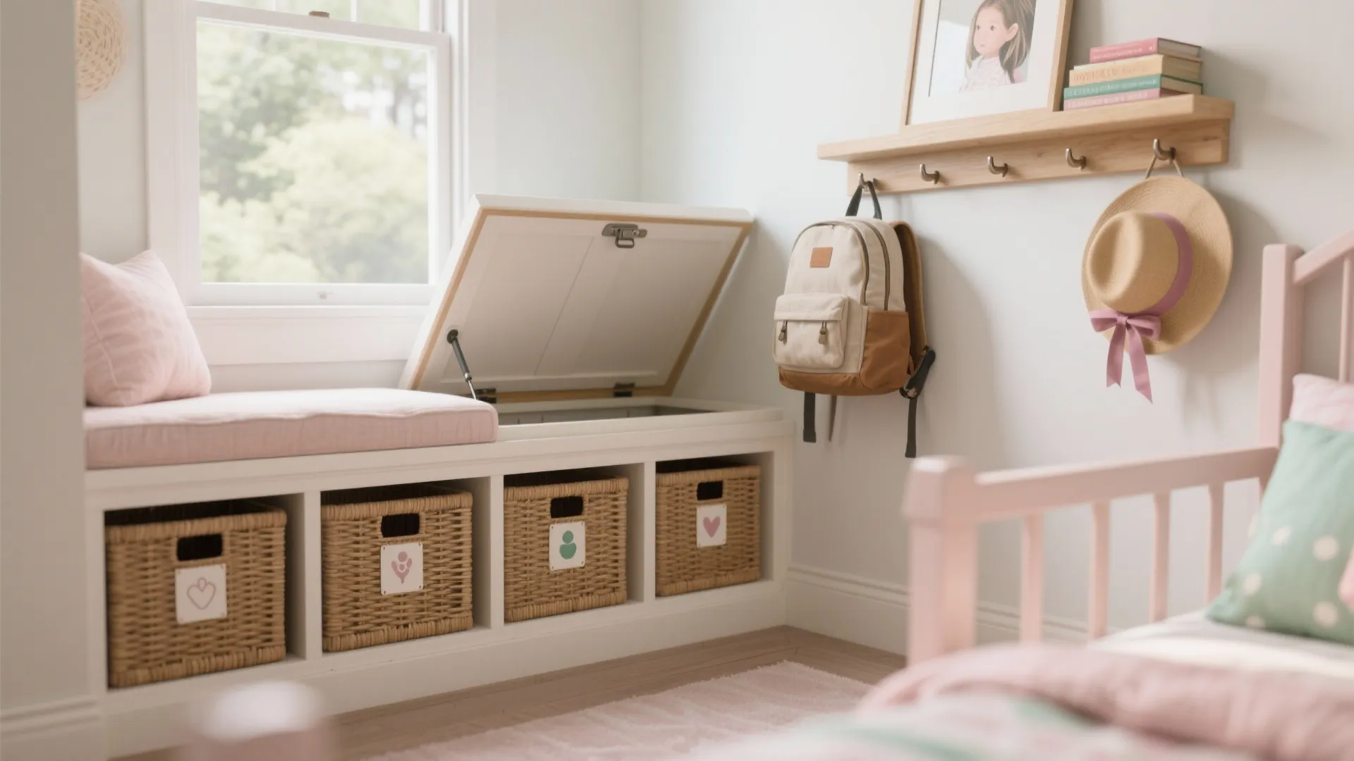 Soft storage layers: window seat, under-bed drawers, and peg rails