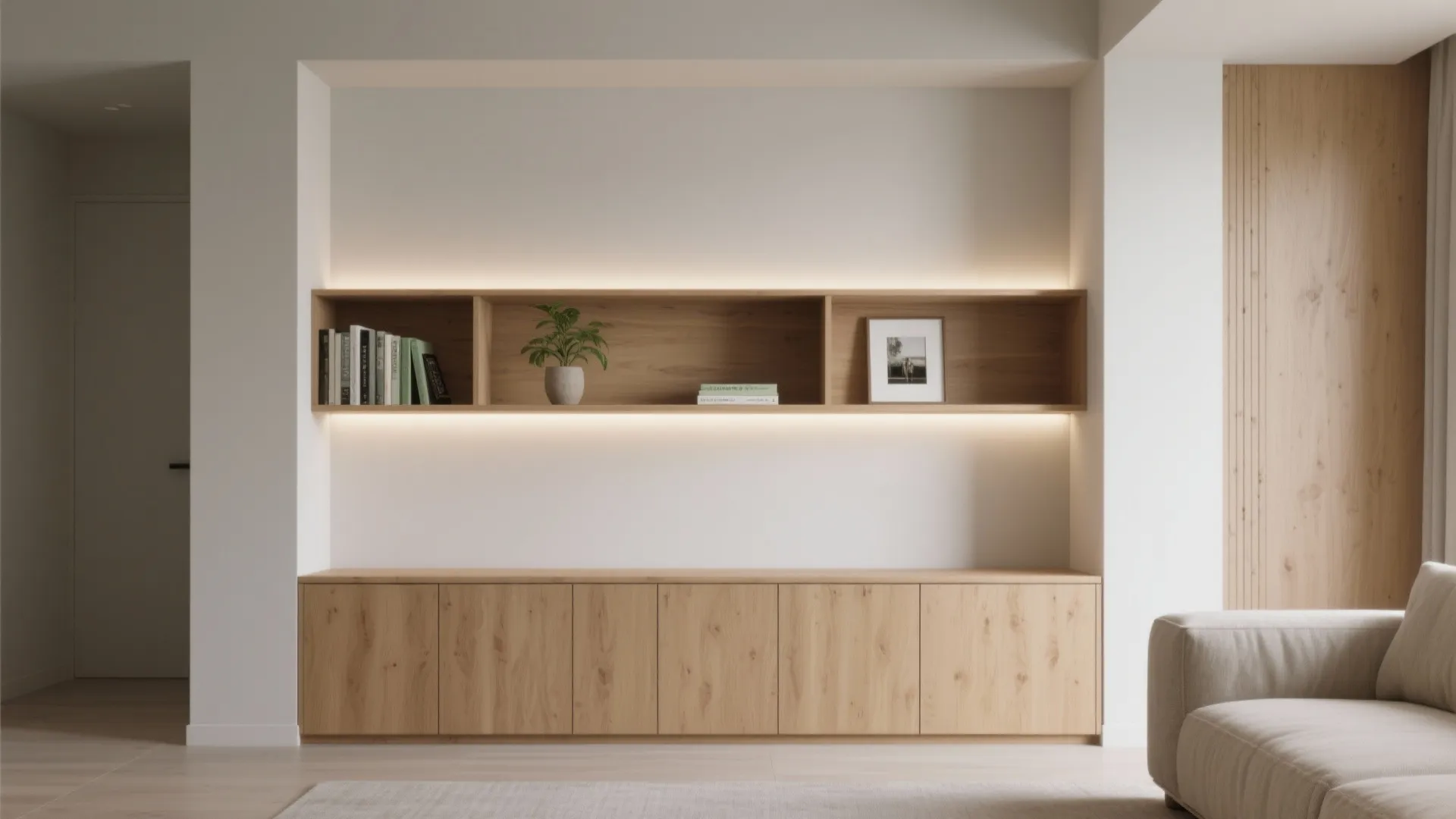 Minimalist living room featuring a long wooden cabinet and wall shelf with soft warm lighting