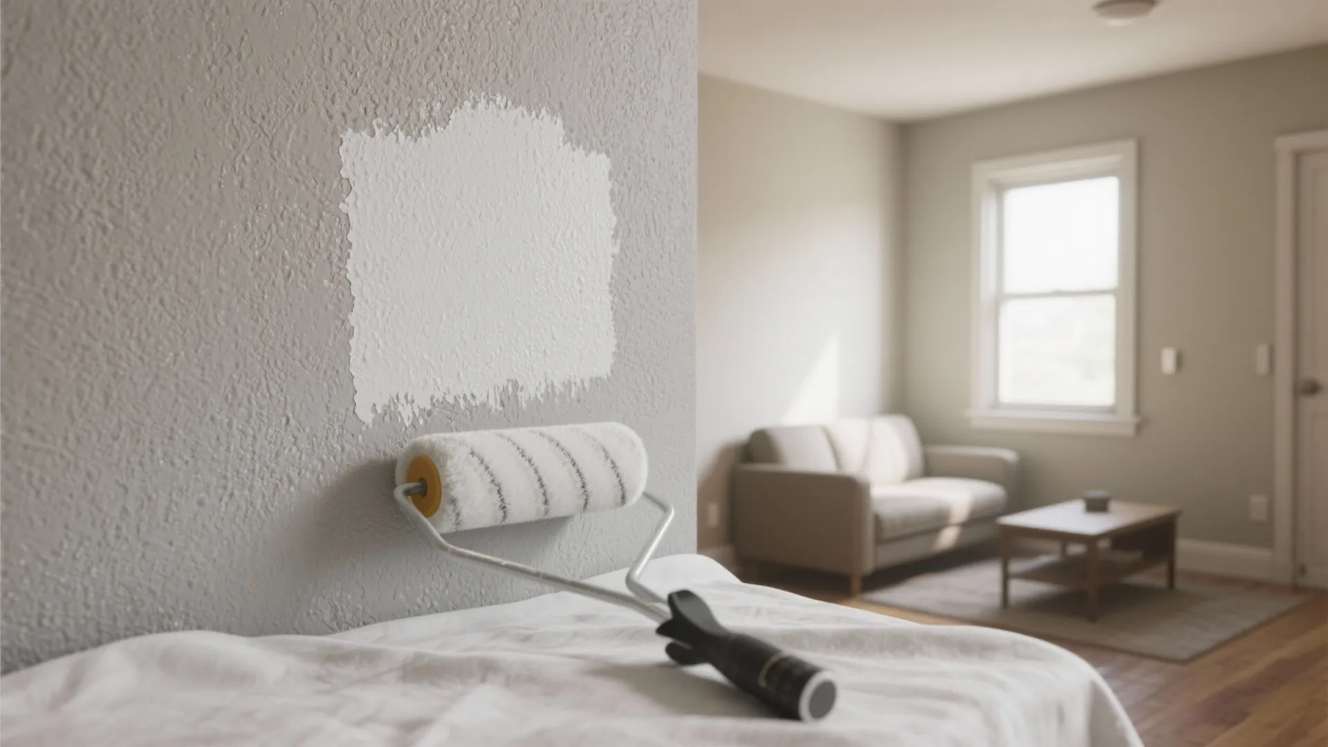 Paint roller applying white paint to a grey textured wall in a living room interior