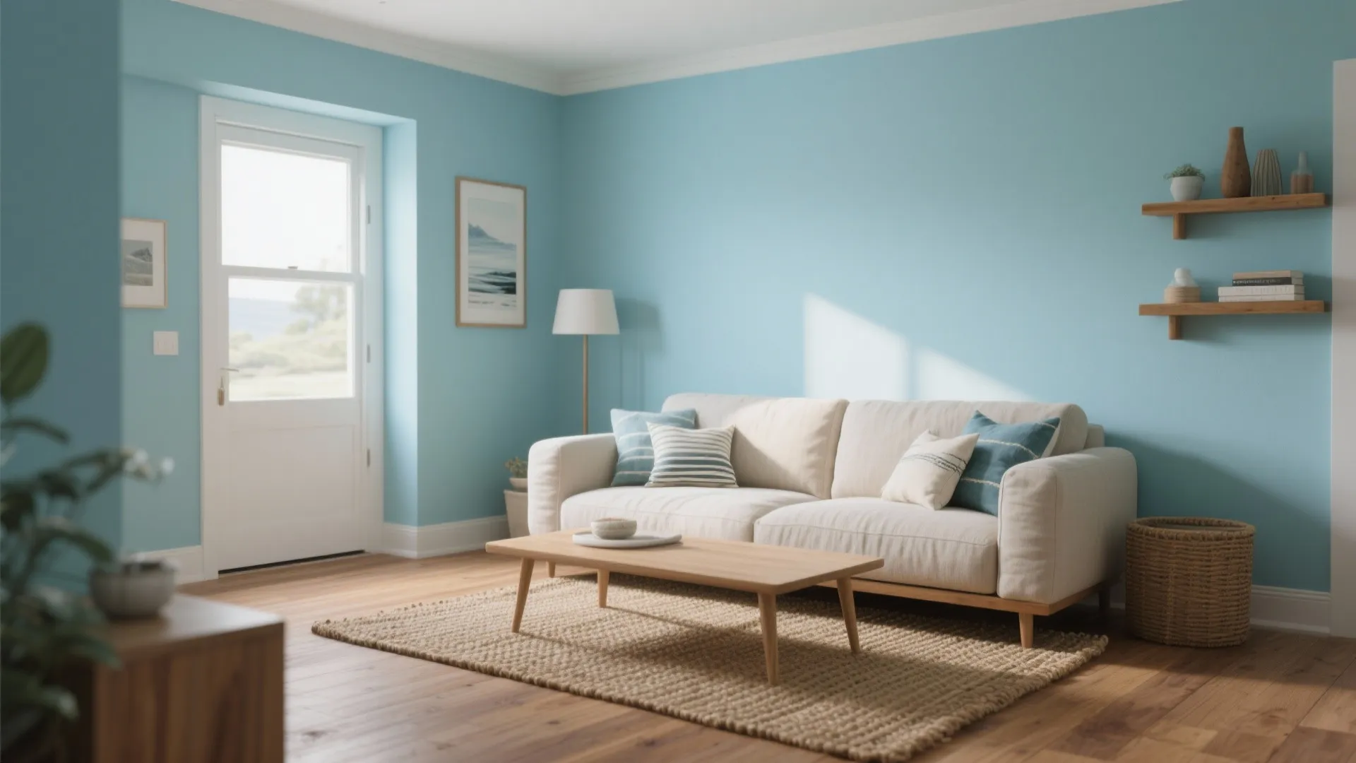 Modern blue living room with white sofa, wooden coffee table, rug, wall shelves, and light