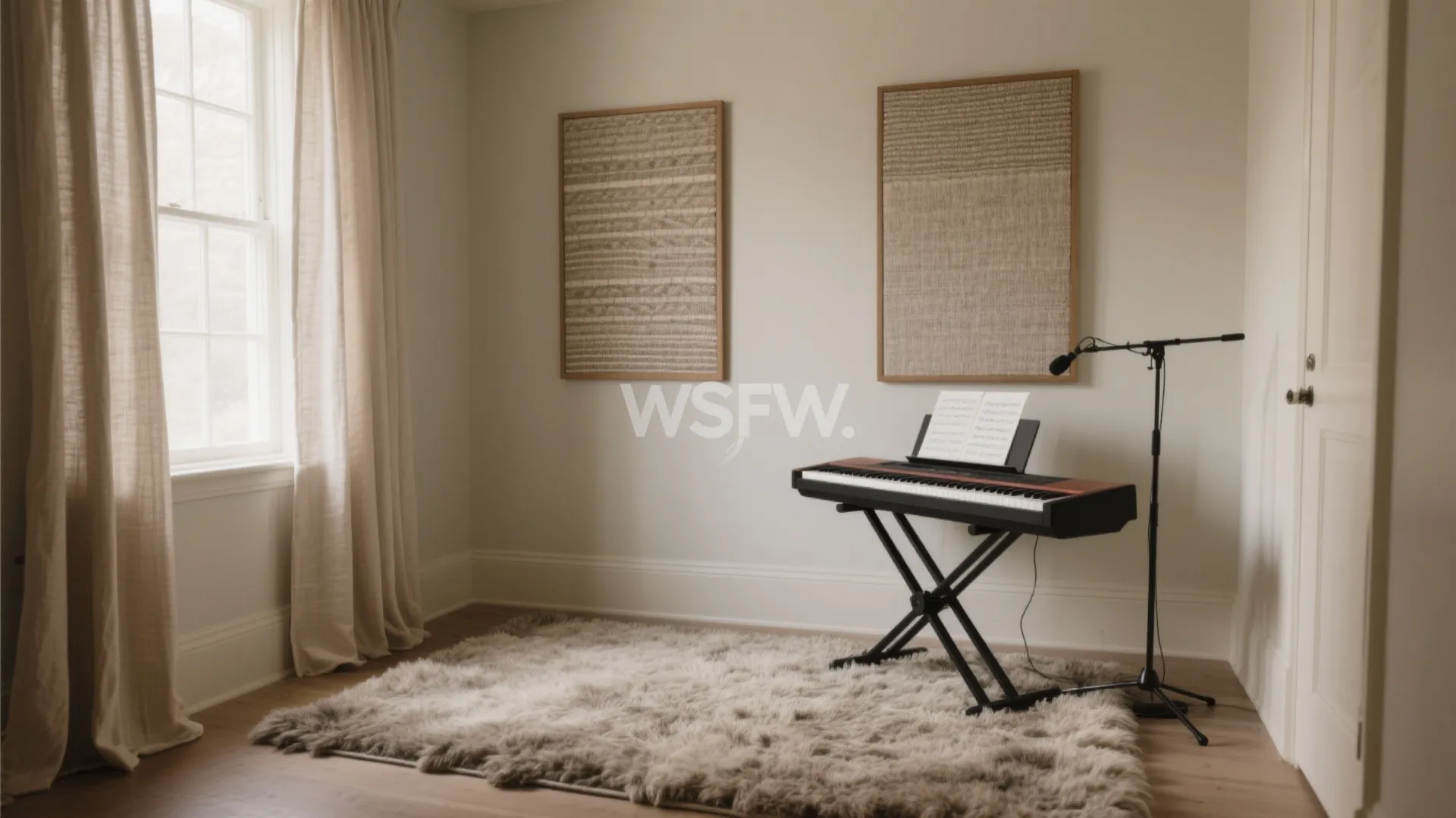 Minimalist music room featuring keyboard on stand fluffy rug wall art and light brown curtain