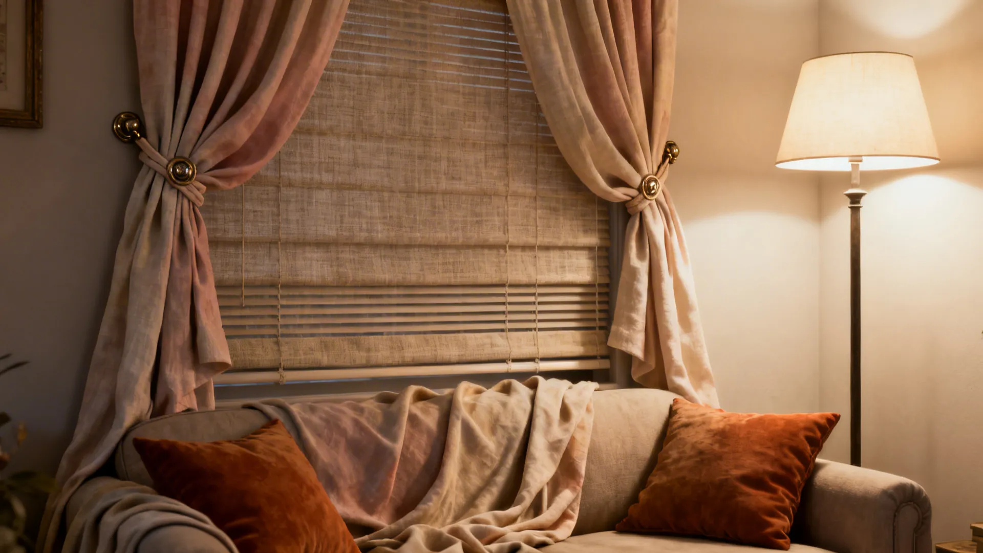 Reading nook with soft swags and tiebacks layered over blinds, warm cozy atmosphere