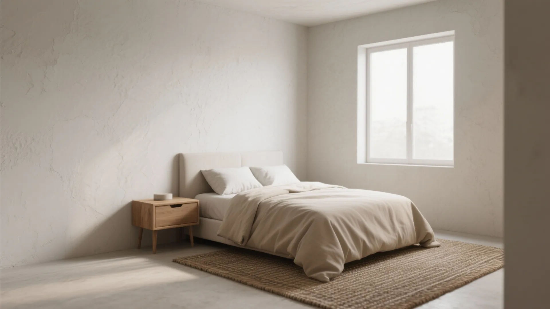 Simple neutral bedroom with white textured walls wooden side table beige bedding and large window