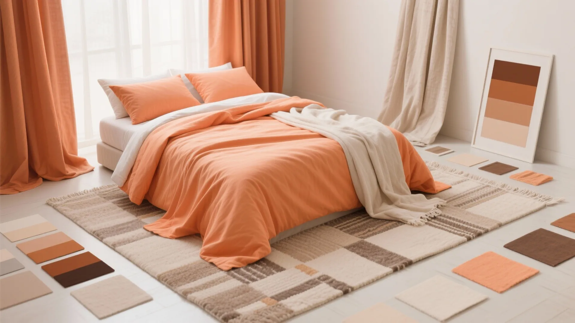 Modern bedroom with orange bedding plus matching curtains on large rug surrounded by color fabric samples