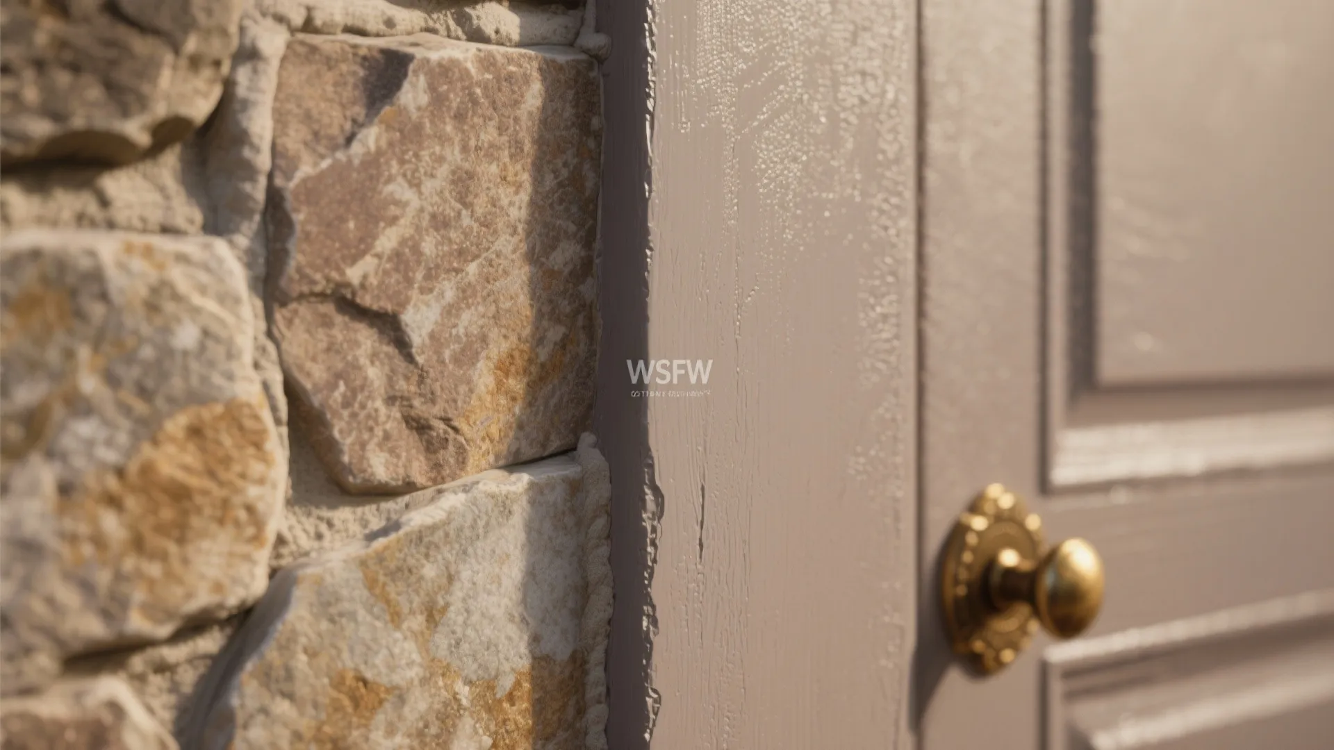 Close-up of a stone wall next to a painted wooden door with a gold handle