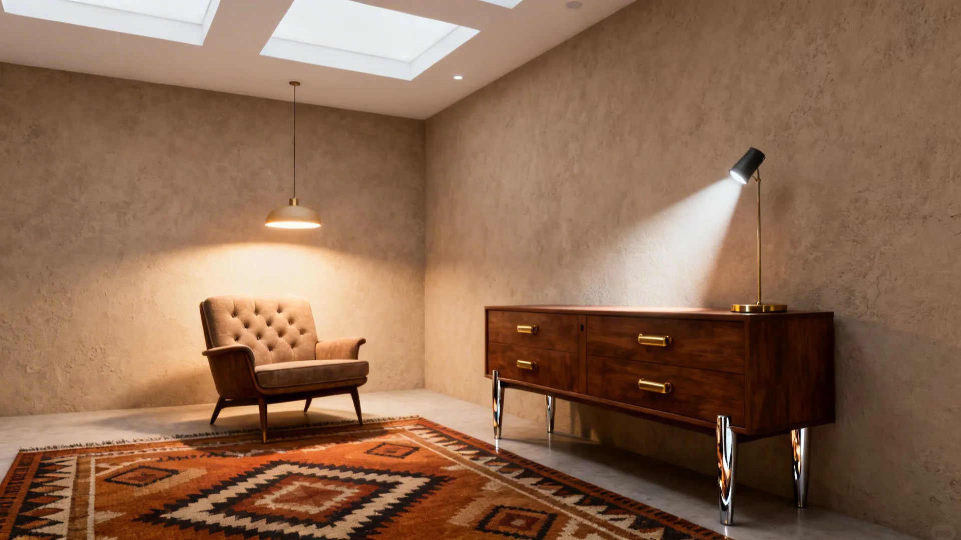 Elegant living room with soft taupe walls, mid-century furniture and white ceiling.