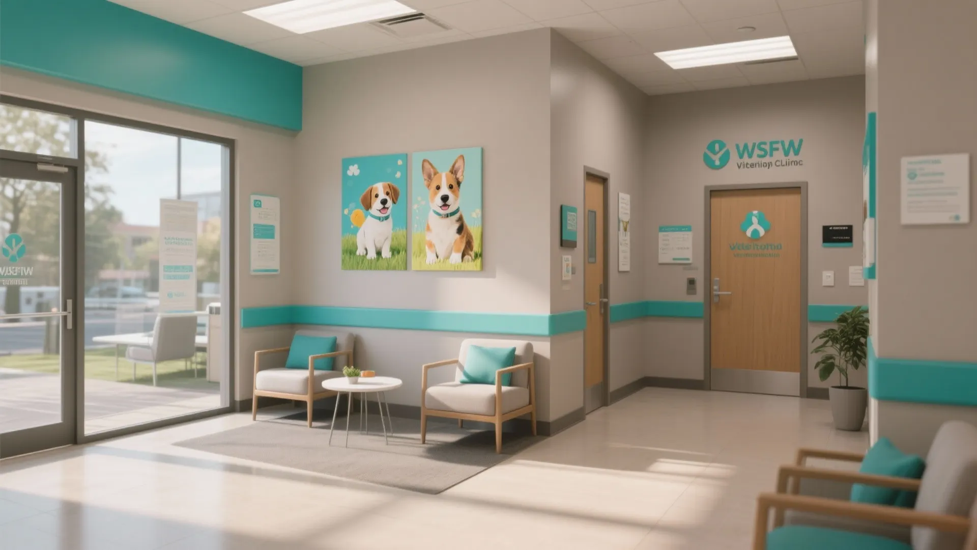 Vet clinic lobby with soft taupe walls, teal trim, and bright artwork