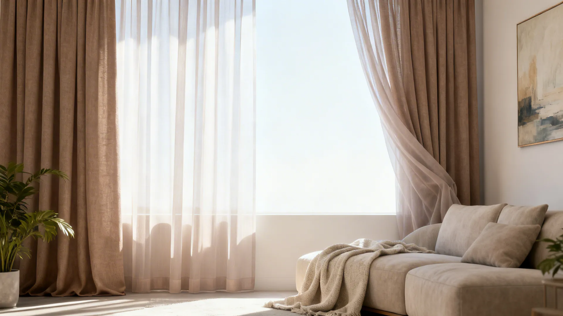 Living room with soft taupe sheer curtains filtering sunlight and an opaque panel layered behind