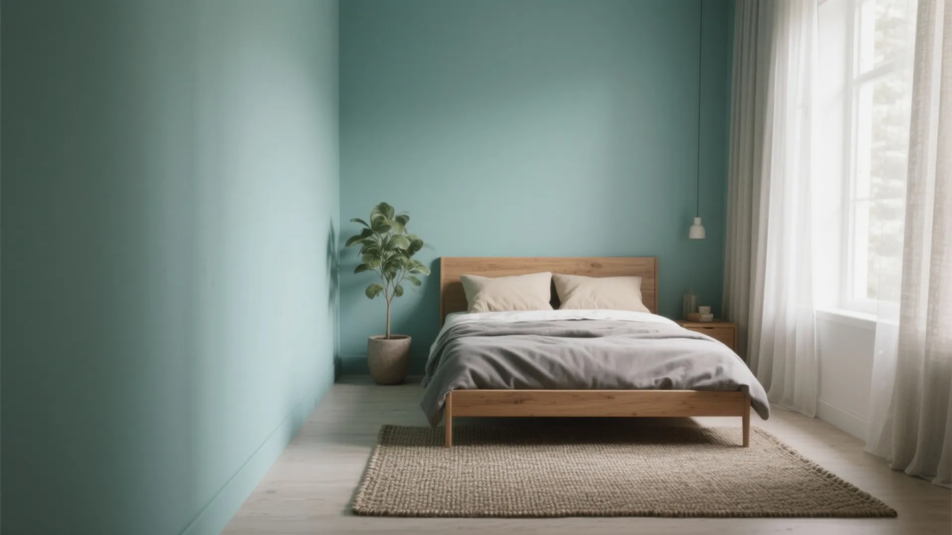 Compact bedroom with soft teal walls, warm wood bed, and muted textiles to reduce overstimulation