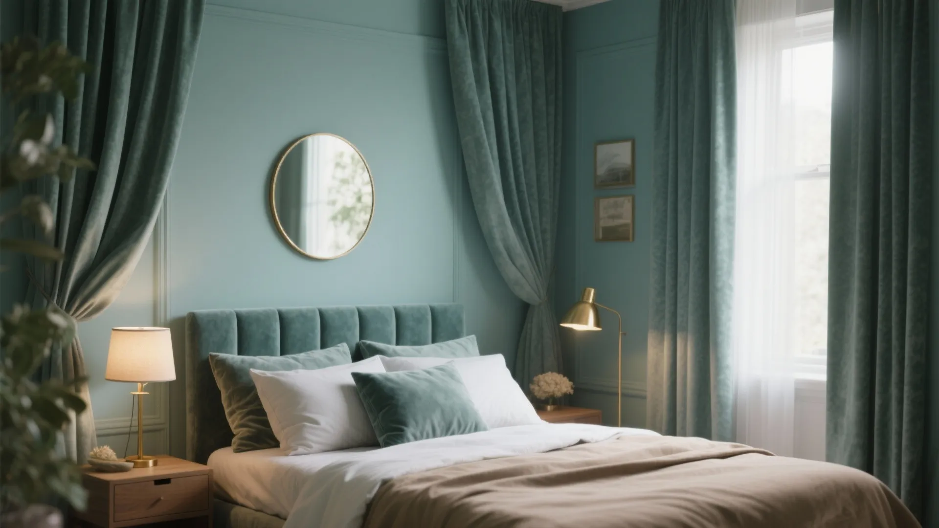 Small guest bedroom painted in a muted soft teal with layered textiles and matte finish.