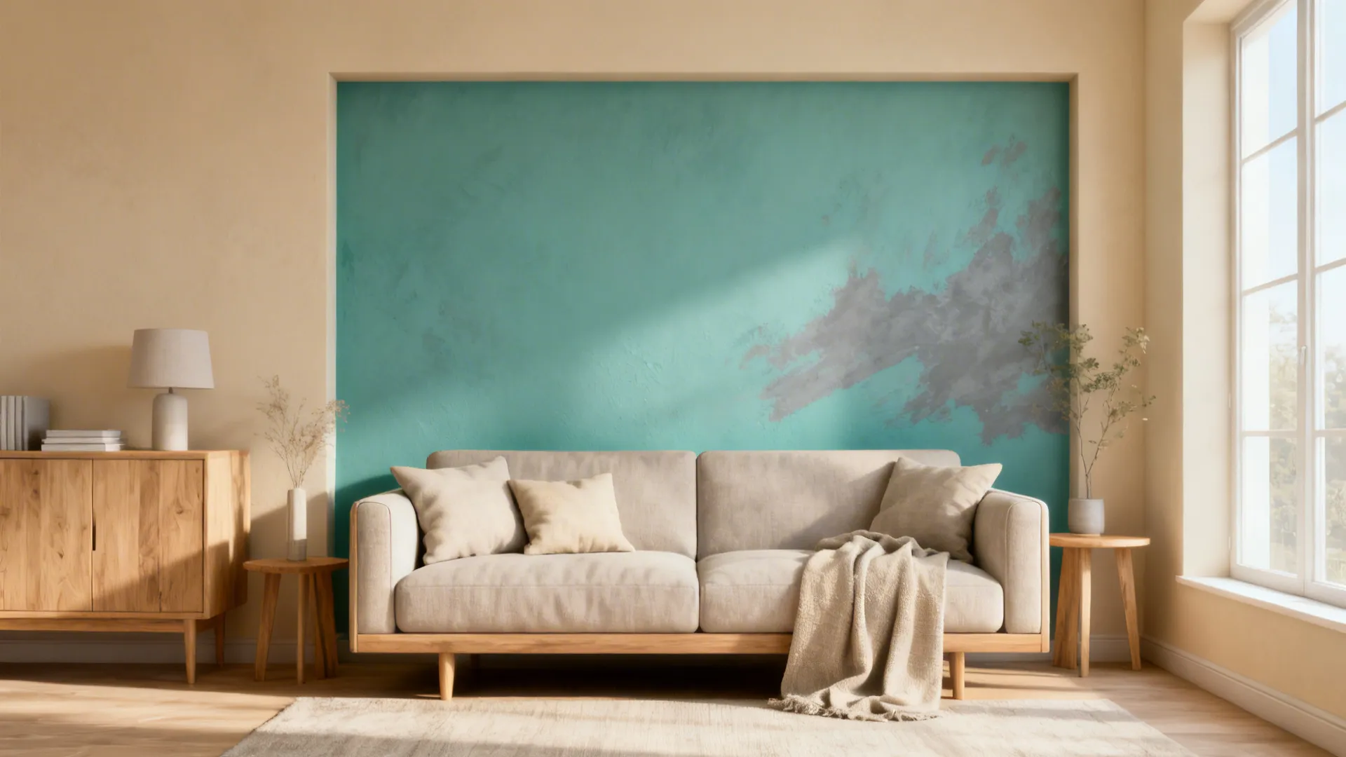 Modern living room featuring beige sofa and wooden cabinet against a teal blue accent wall