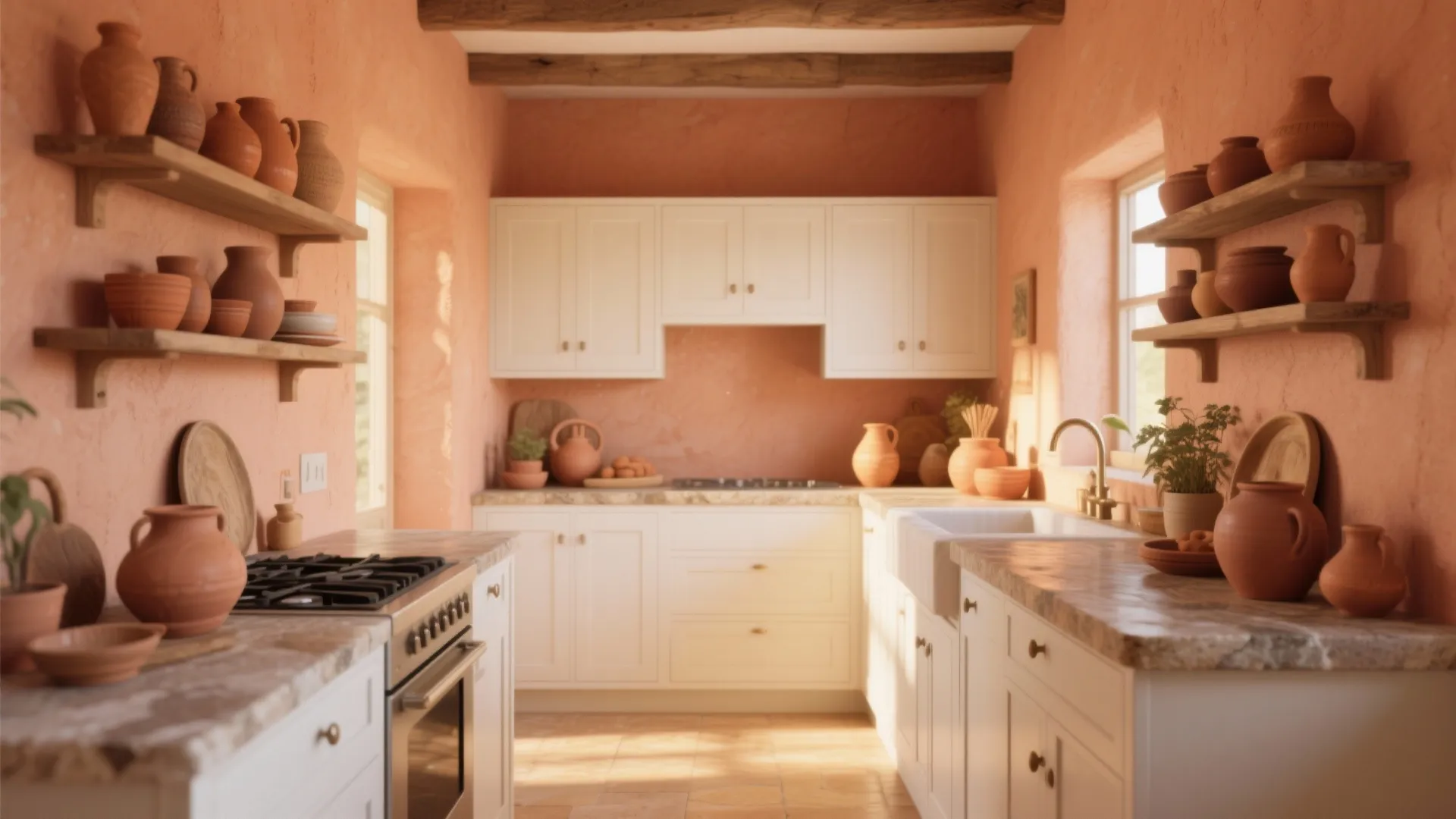 Warm terracotta kitchen design featuring white cabinets wooden ceiling beams and many clay pots on shelves
