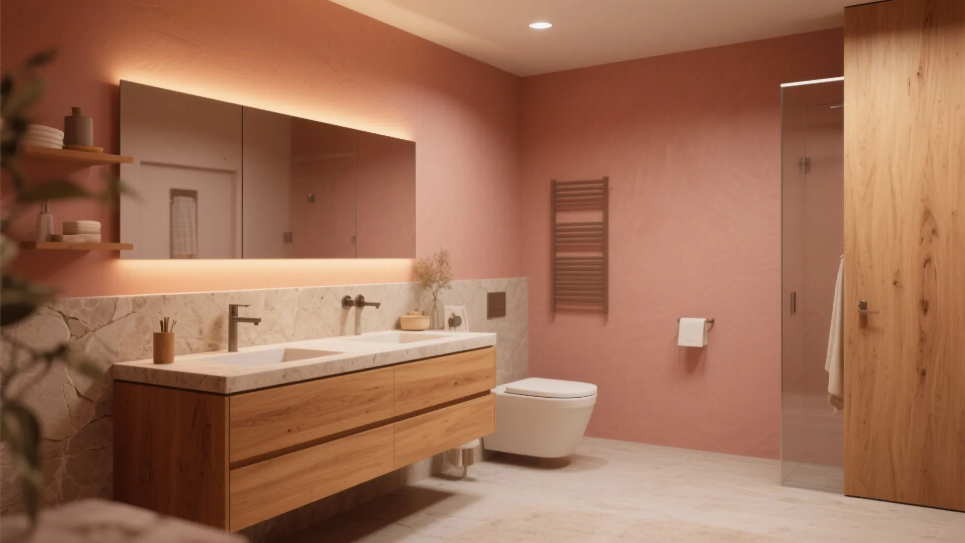 Terracotta bathroom with wooden cabinet double sink large mirror white toilet and glass shower door setup