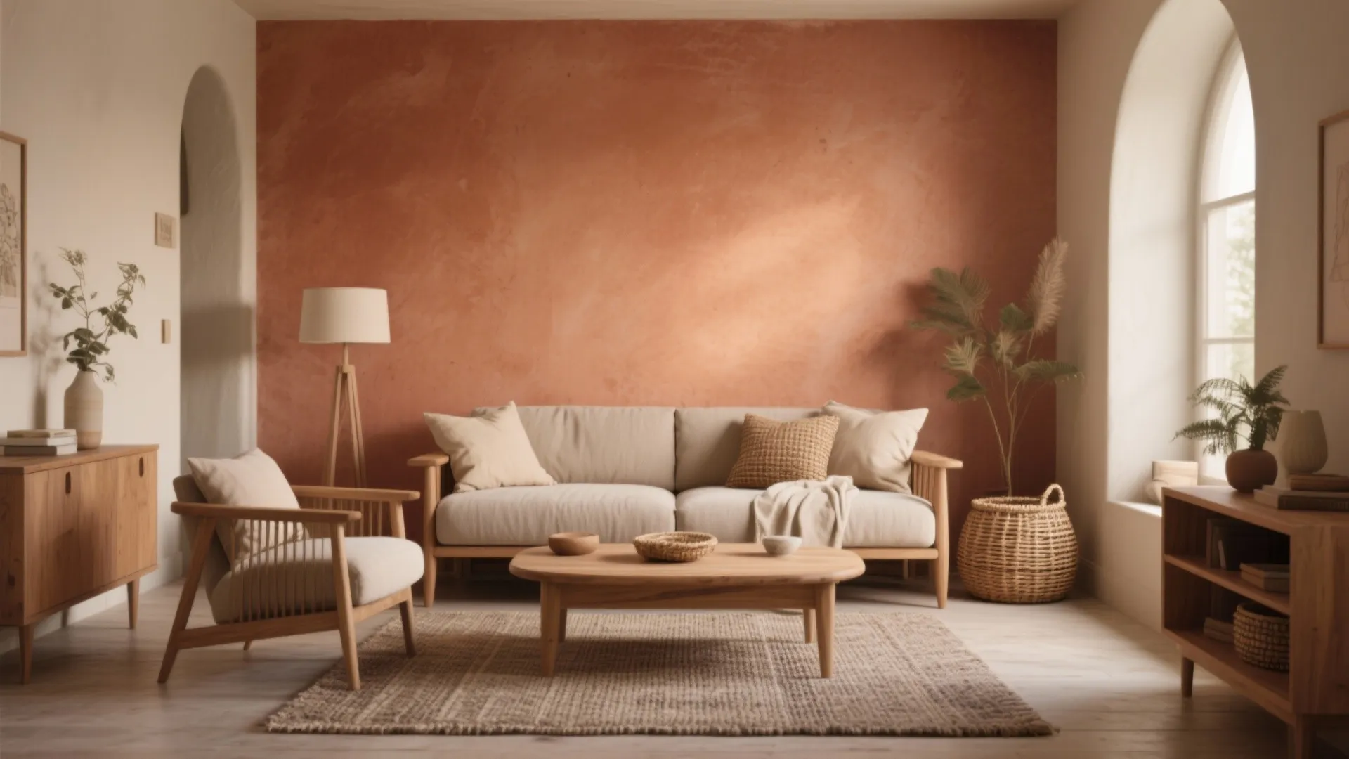 Warm terracotta living room with beige sofa wood coffee table rug floor lamp and green plants