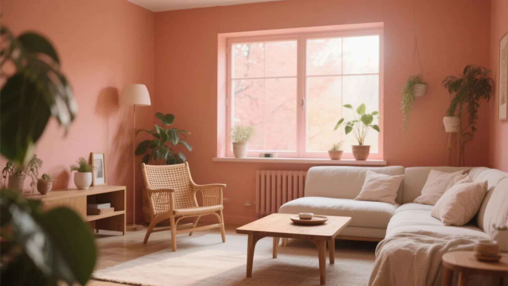 Bright living room with pink walls, white sofa, wooden coffee table, woven chair, and plants