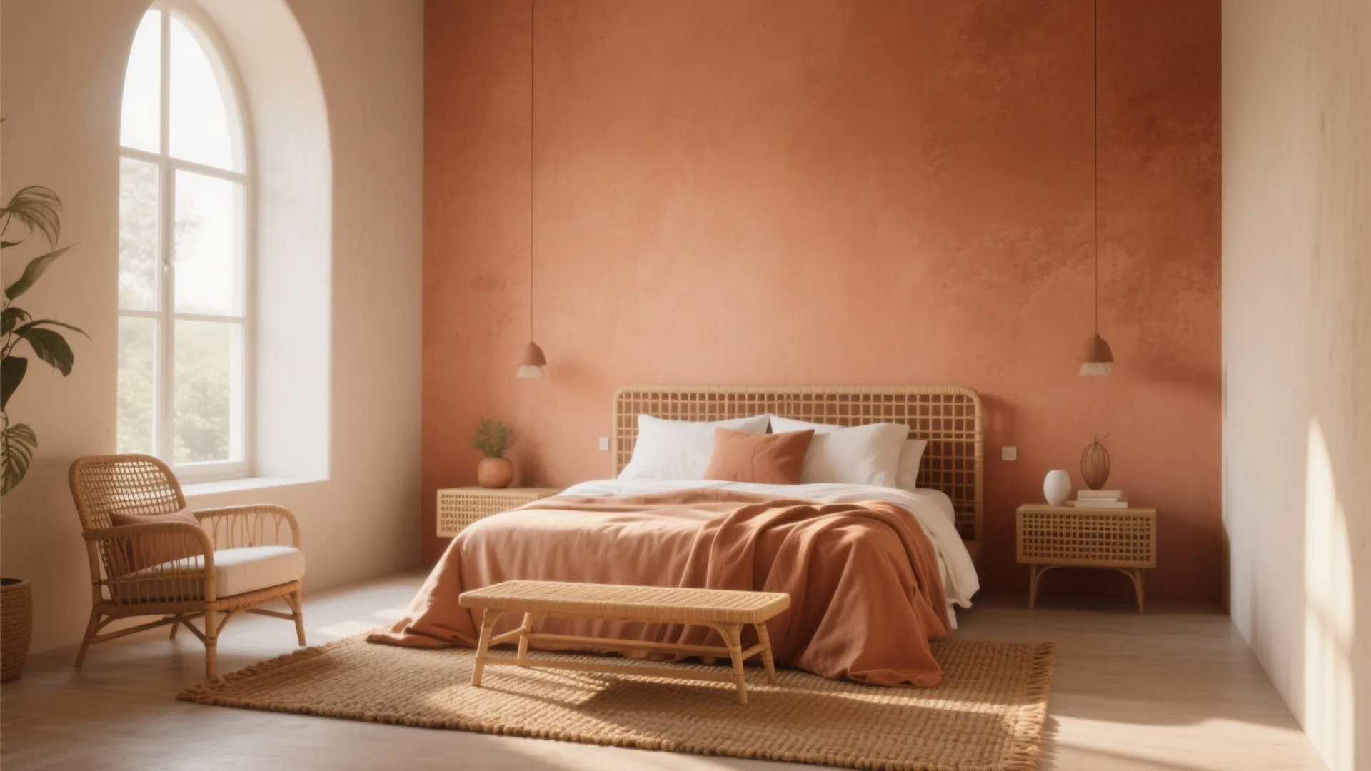 Bedroom with a terracotta accent wall, rattan furniture and warm natural textures