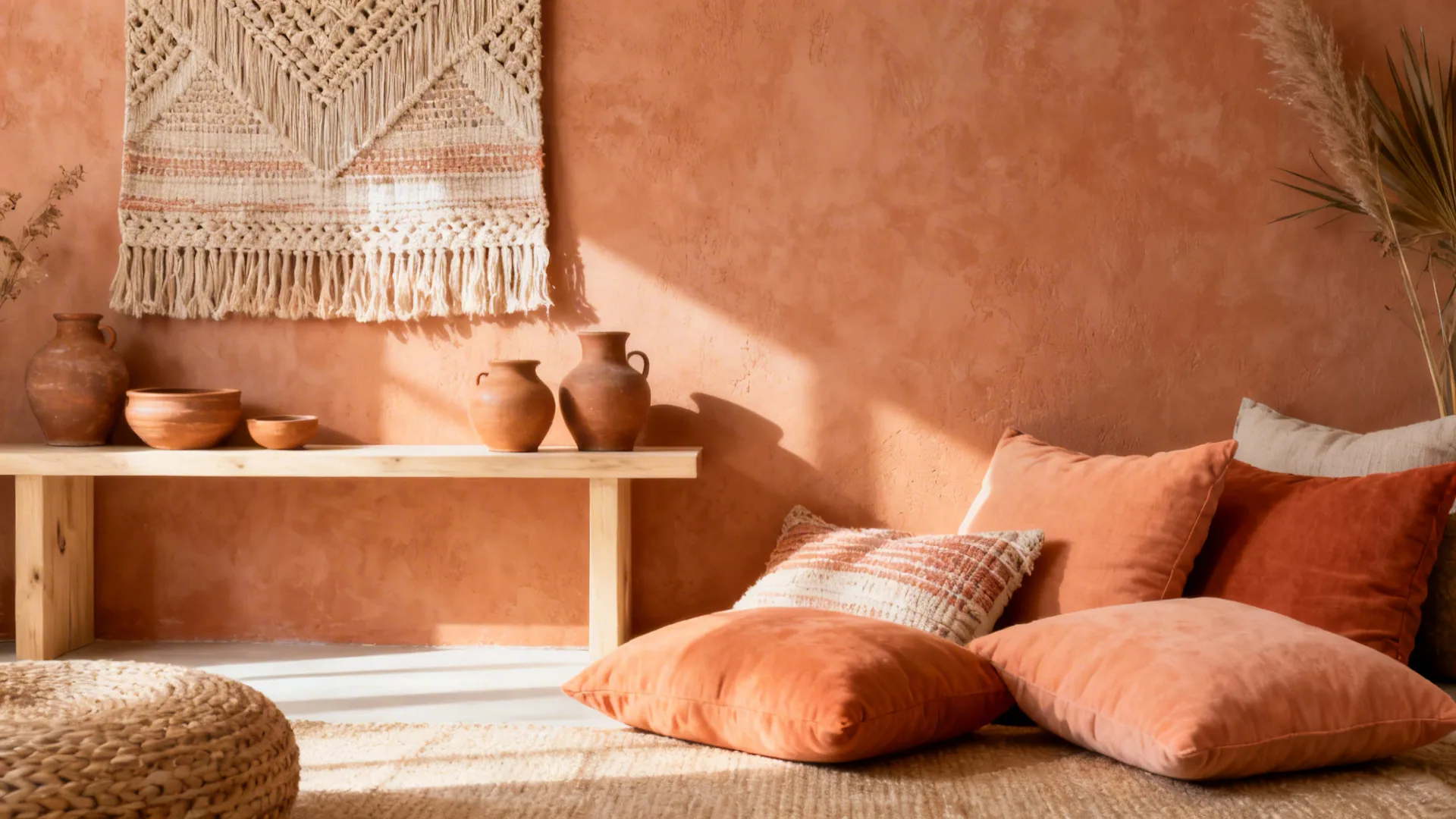 Small living room with a soft terracotta accent wall, woven textiles and clay decor.