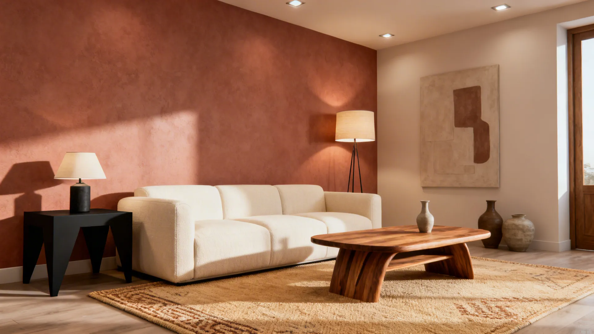 Cozy living room corner with a dusty terracotta accent wall, cream sofa and matte black accents.