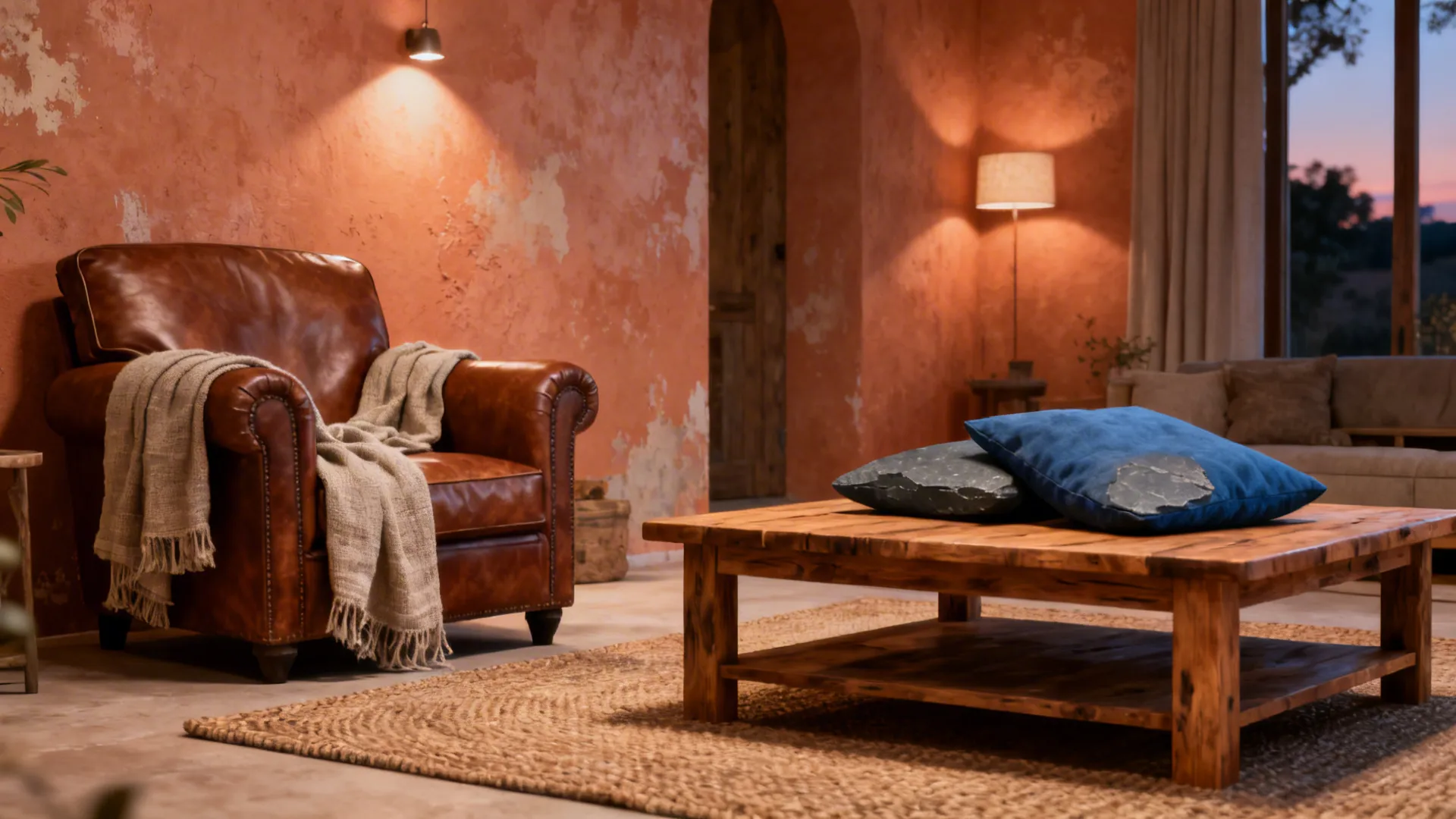 Cozy living room with soft terracotta walls, leather chair and slate blue accents for balance.