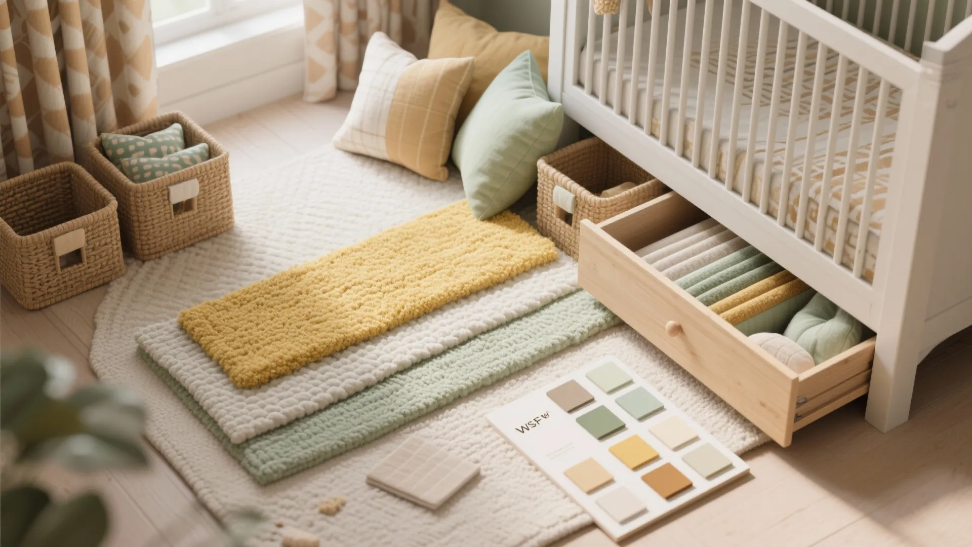 Top-down flatlay of nursery textiles and storage: rugs, curtains, cushions, woven bins and fabric swatches in soft neutral tones.