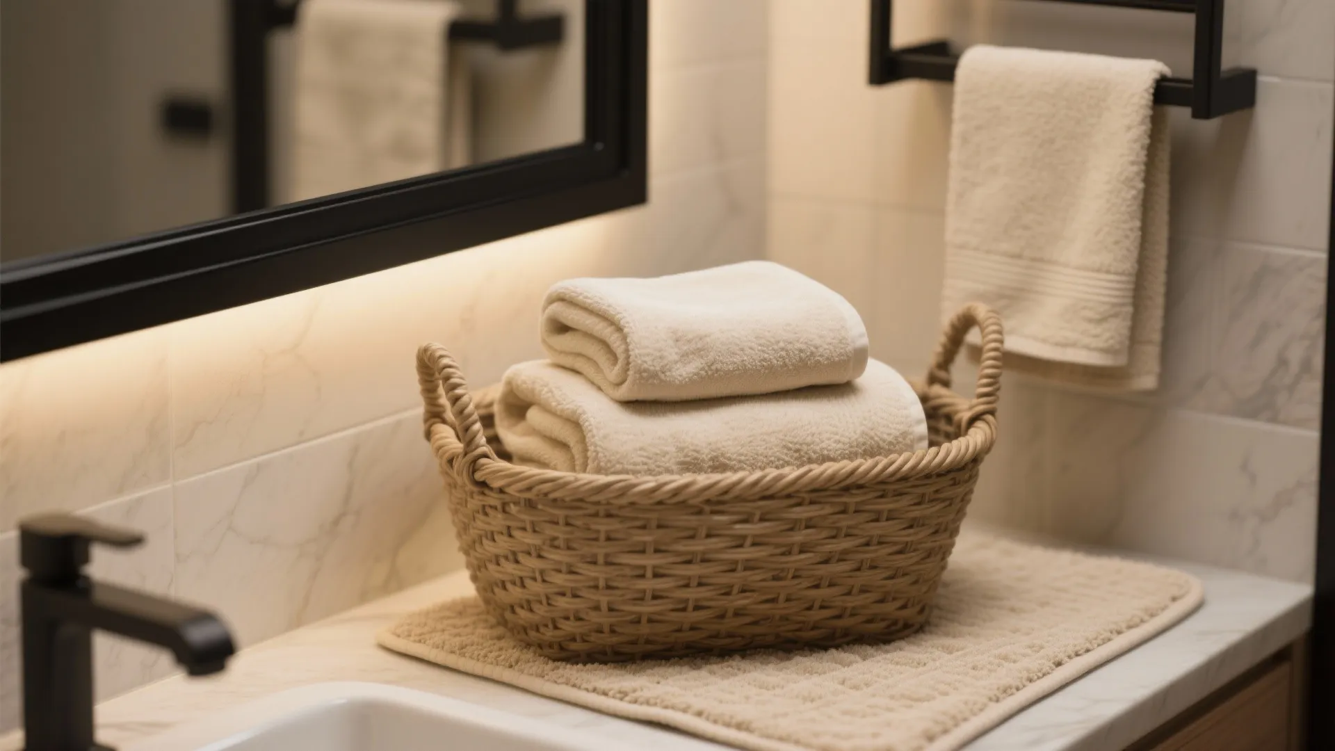 Woven basket with folded beige towels sitting on a bathroom counter near a black faucet