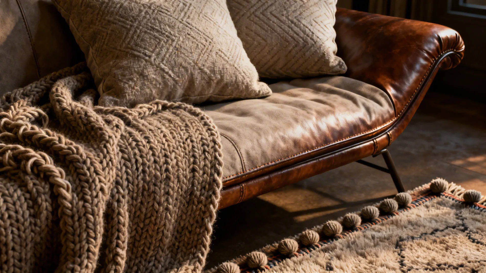 Wool throw and textured pillows layered on a leather chaise for added warmth
