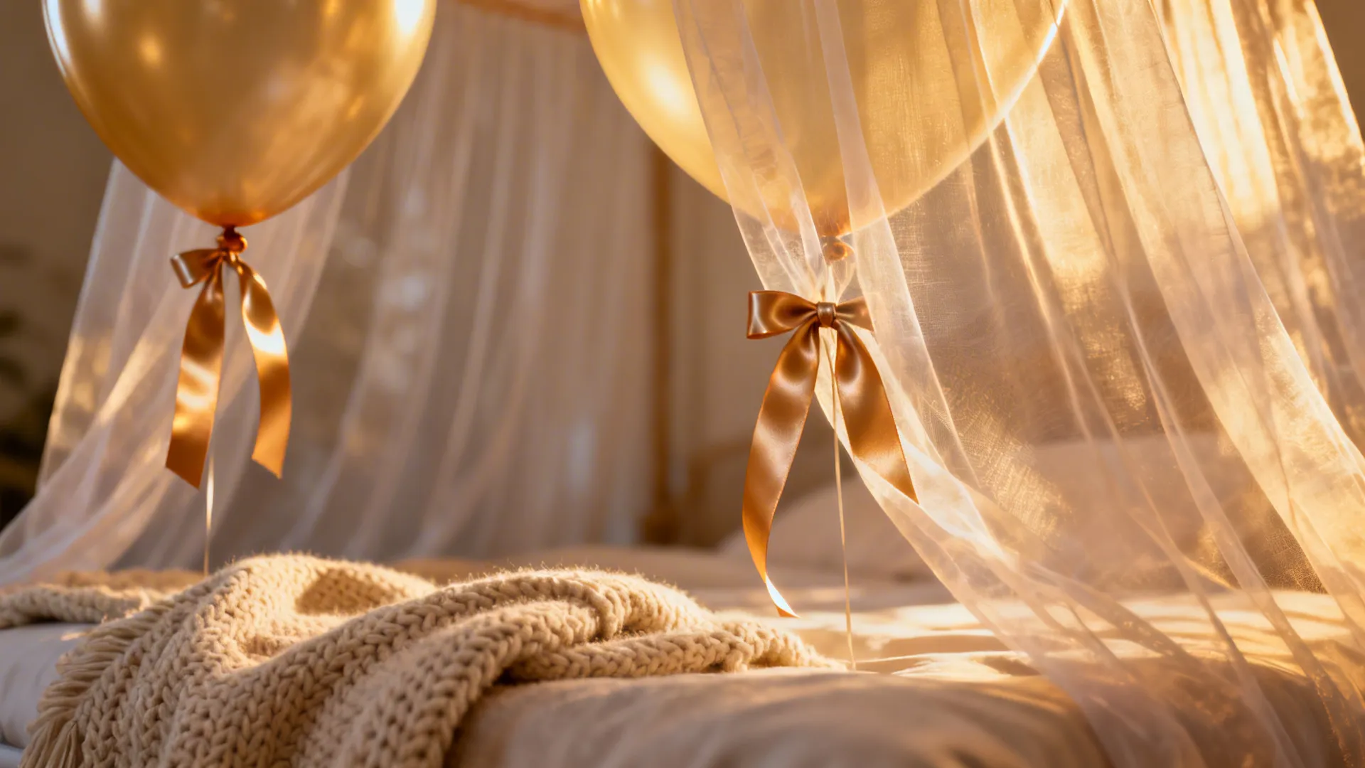 Macro of sheer canopy fabric, satin ribbon tails, and soft knit throw in warm light.