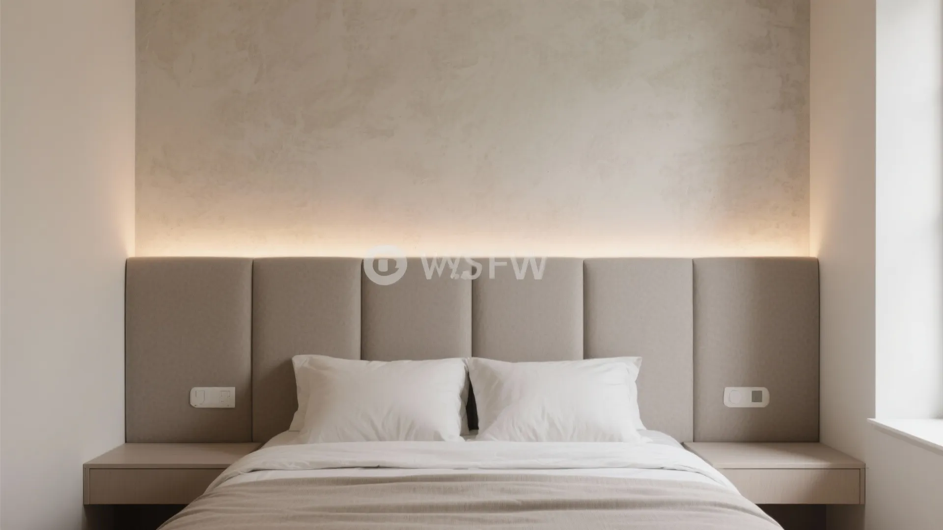 Modern bedroom with light brown headboard white pillows warm backlighting neutral wall and side tables