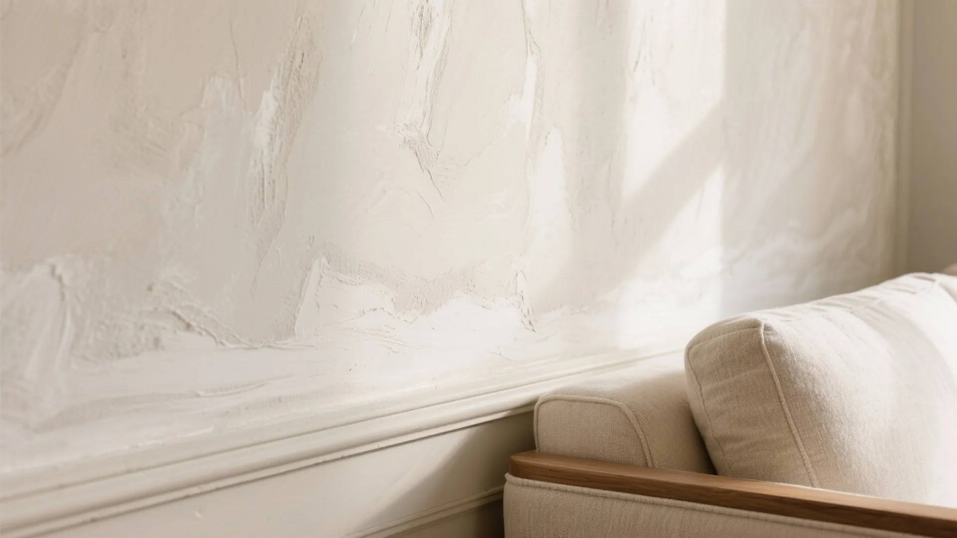 Close up of cream wall panel with textured paint next to a soft beige sofa