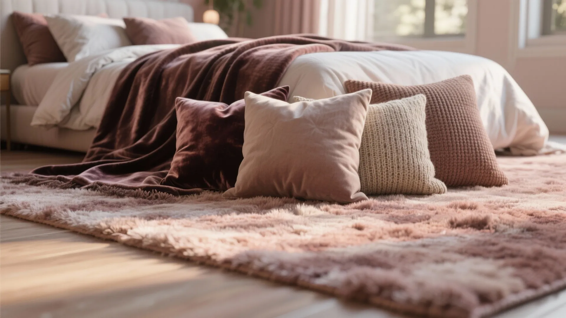Cozy bedroom floor with pink fuzzy rug soft brown pillows and a warm velvet blanket